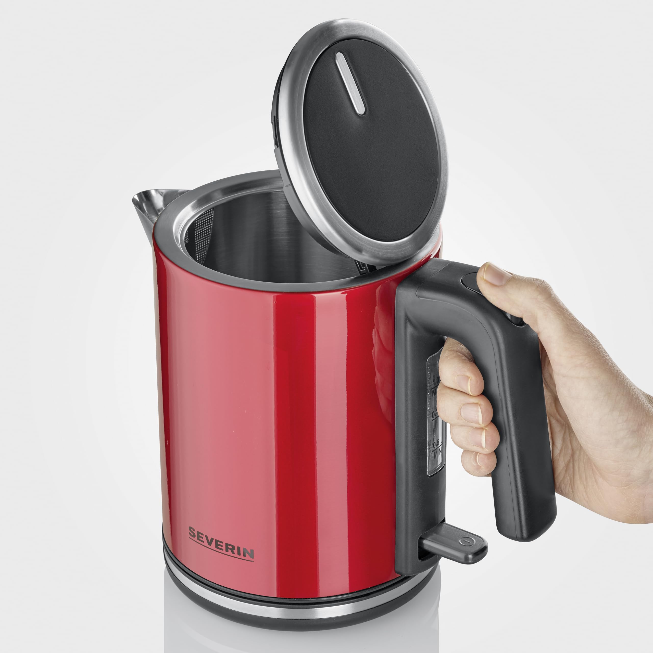SEVERIN Hervidor eléctrico 1 L, tetera con indicador de nivel de agua, filtro antical, abertura de tapa XXL, potente y compacto, 2.400 W, rojo - negro - acero inoxidable, WK 3427