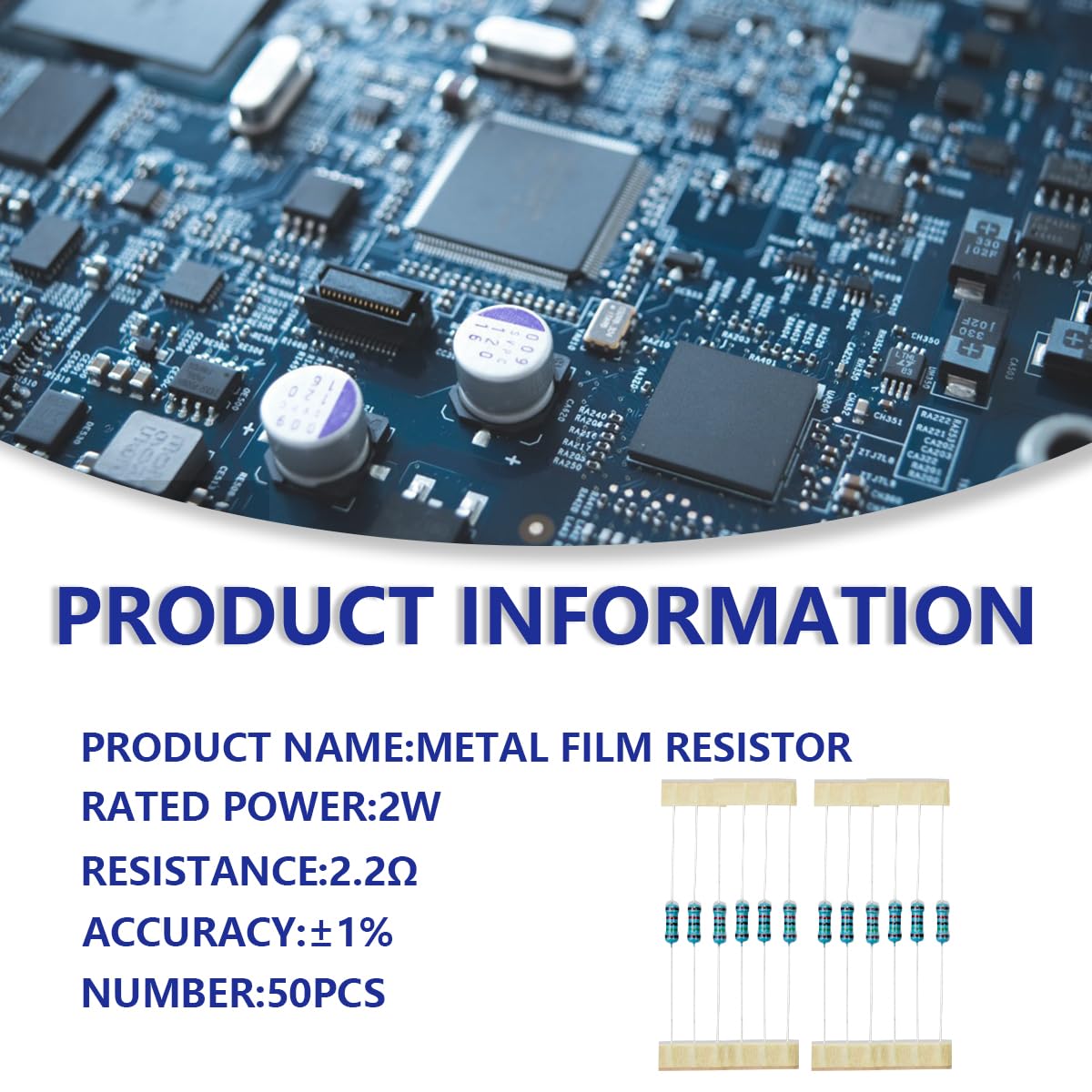 Resistencia de película metálica 2,2 Ohm 2W 1% 50 piezas para proyectos de bricolaje