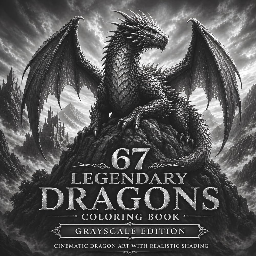 67 Legendary Dragons Coloring Book – Grayscale Edition: Cinematic Fantasy Dragon Art with Realistic Shading for Mindfulness & Creativity