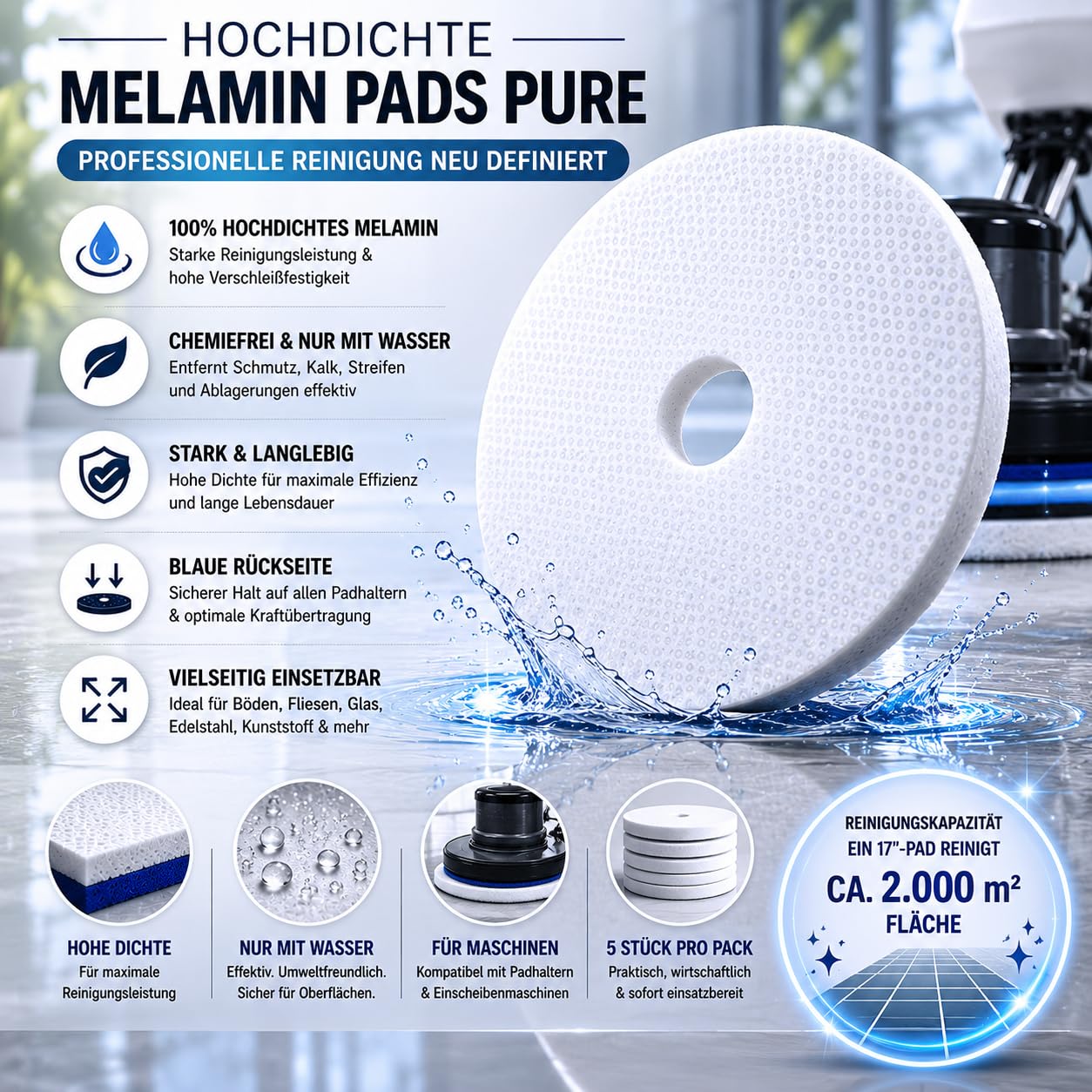 5 almohadillas redondas de melamina Pure – Almohadillas de limpieza de melamina de alta densidad para limpieza sin químicos solo con agua, para limpieza de suelos, azulejos, vidrio y acero inoxidable