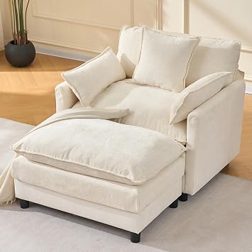 anwickjeff Modern Accent Chair with Ottoman, Oversized Chenille Reading Armchair, Upholstered Armchair, Single Living Room Chairs for Bedroom, Study, Apartment, Beige