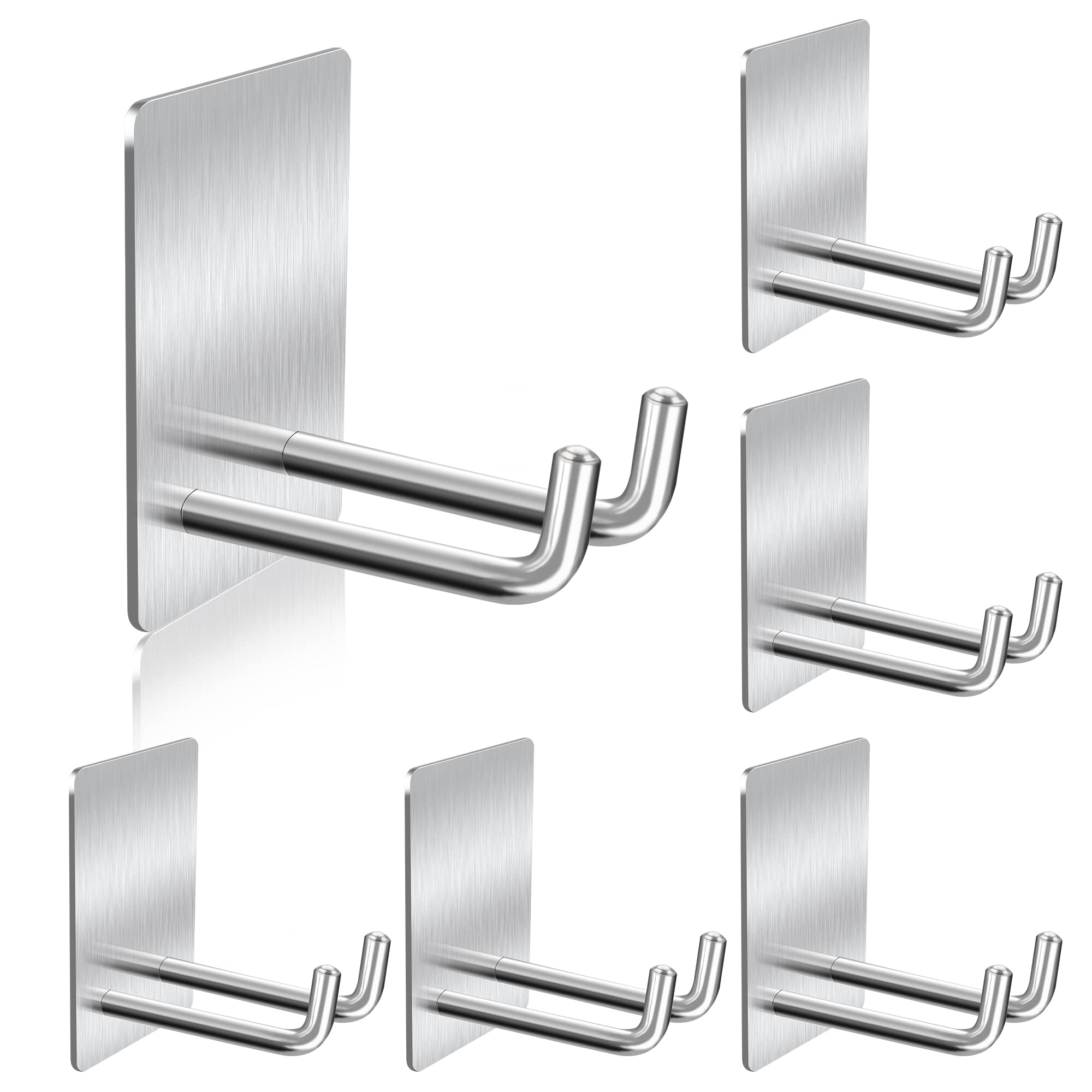Adhesive Hooks, Stick on Stainless Steel Towel Robe Razor Wall Hooks for Bathroom Kitchen, Sticky Heavy Duty Durable Shower Hangers for Hanging Hat Coat Key by TONHTCAT (Silver(6pcs))