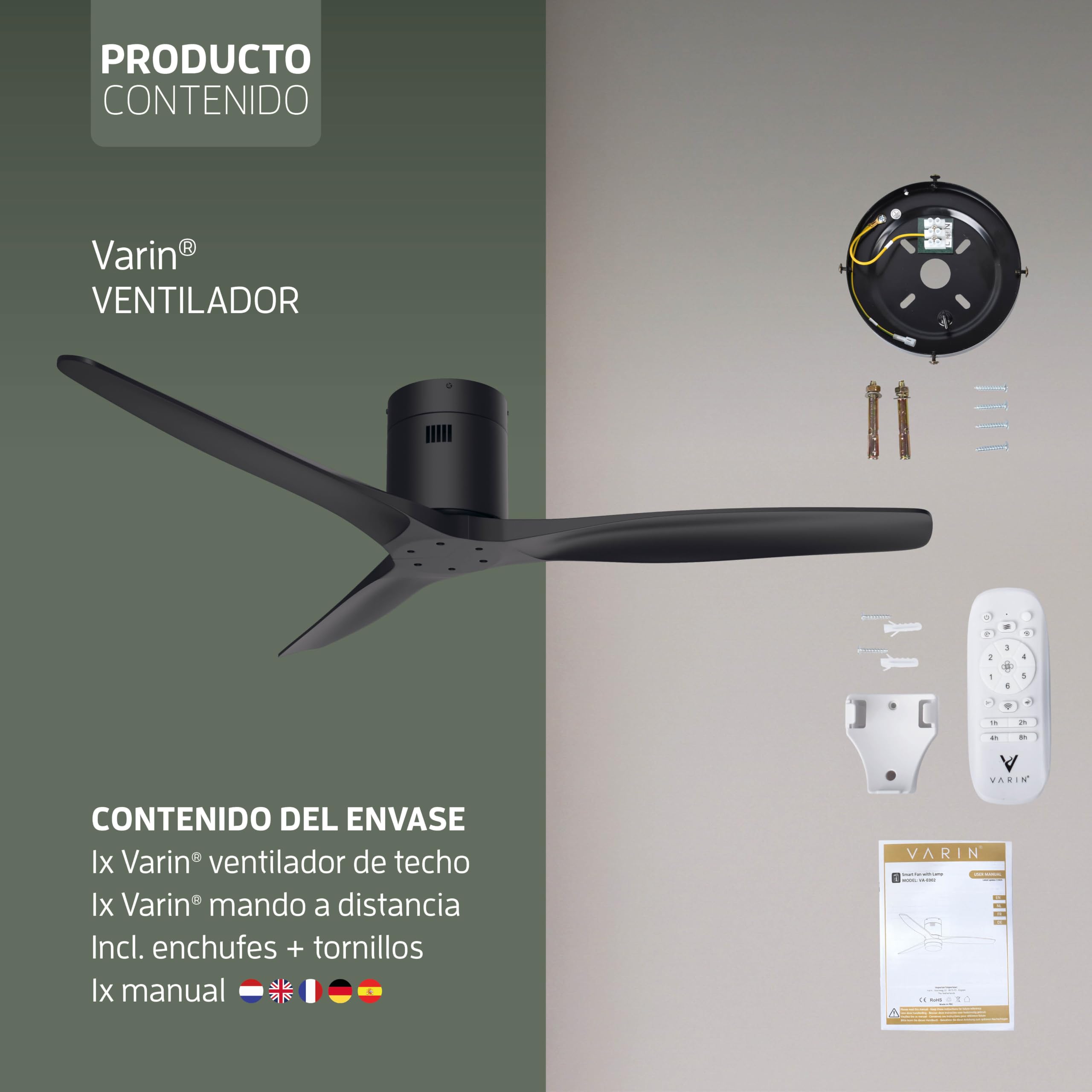 Varin® Ventilador Techo Aspas Largas, Ø 132 cm - Negro