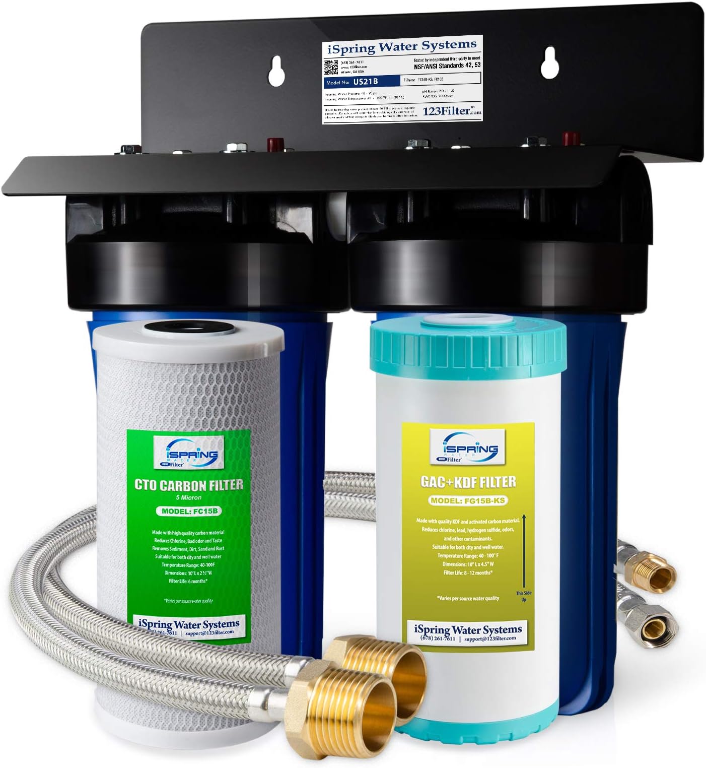 iSpring US21B Under Sink Water Filter System,15GPM Fast Flow, Stainless Steel Hoses and 80K Super Capacity 10” x 4.5” Cartridges, Removes Chlorine, Iron, Lead, Odor and More