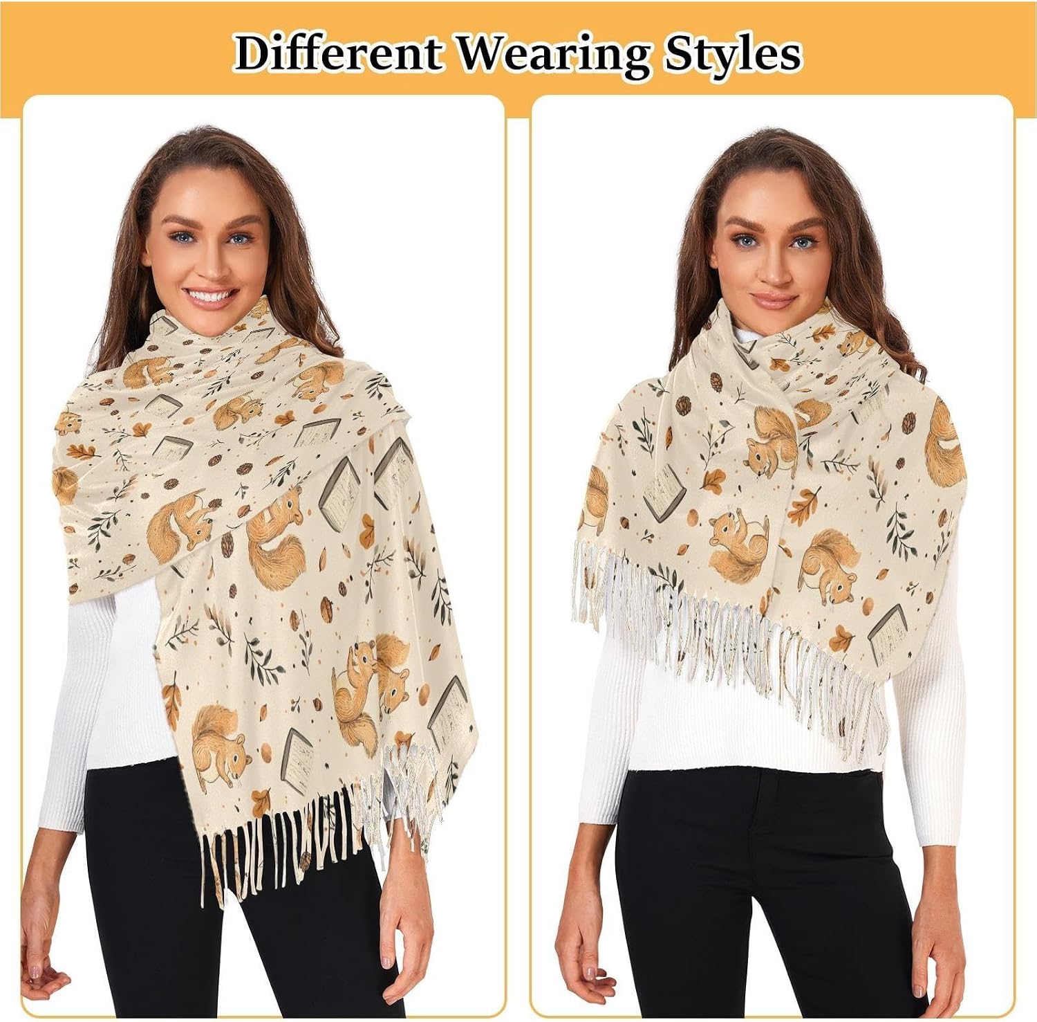 Winter Scarf for Women Vintage Squirrel Fashion Tassel Shawl Wraps for Women, Cold Weather Warm Womens Scarves Soft Long Scarf Gifts