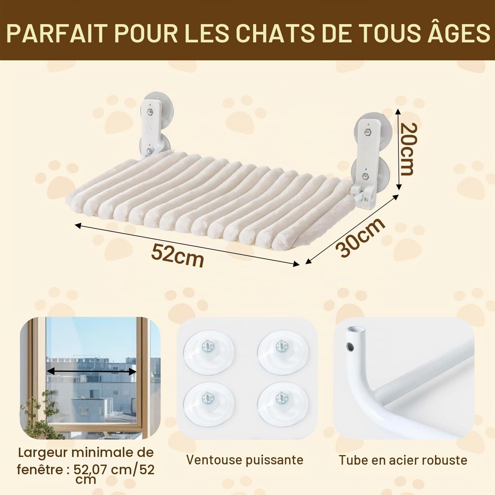 Hamac Chat Fenêtre avec Coussin Lavable, Lit de fenêtre pour Chat avec 4 ventouses, Cadre setal Robuste pour fenêtres en Verre et Murs intérieurs, Blanc
