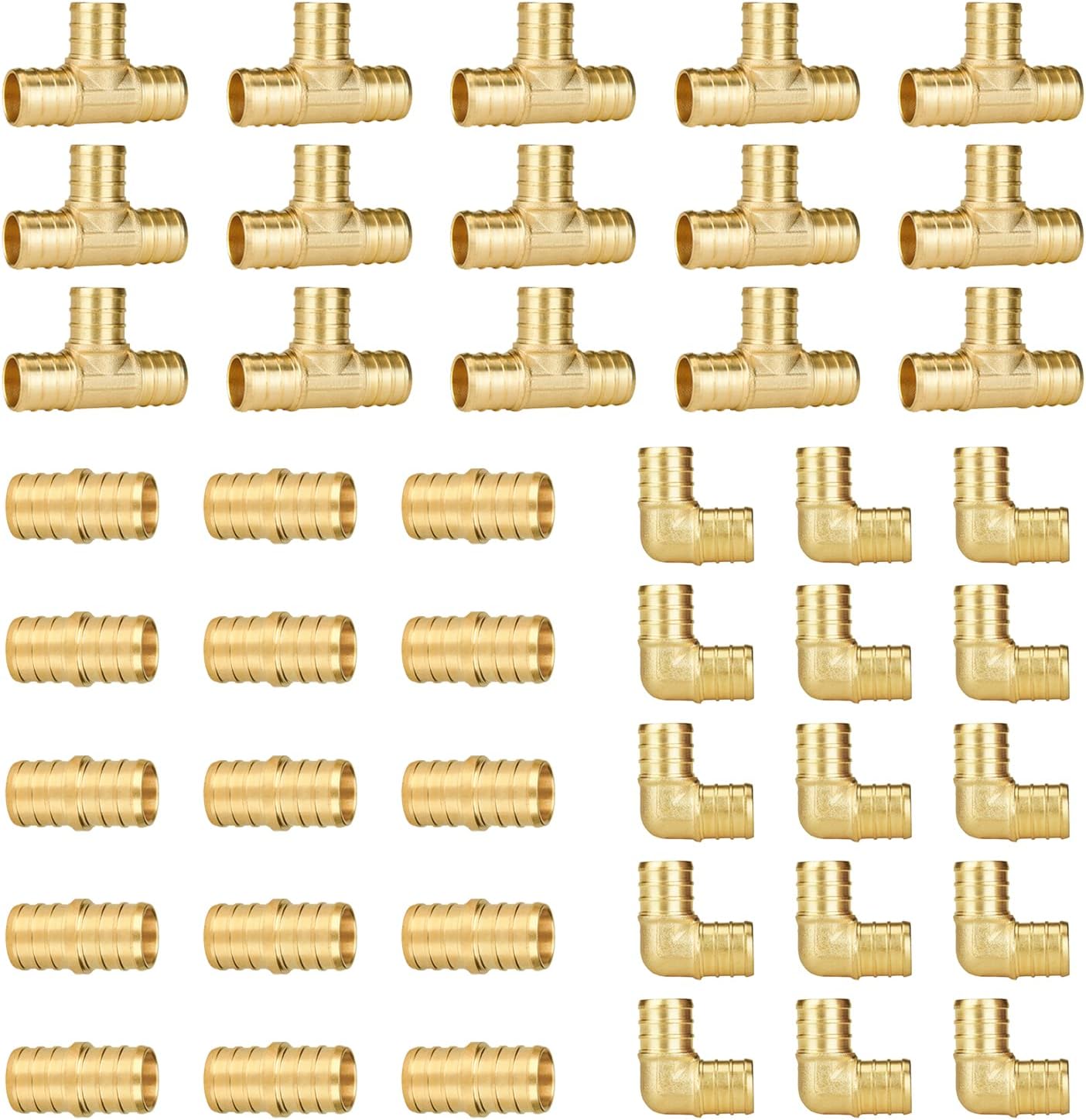 SUNGATOR 45-Pack 3/4 Inch PEX Fittings, 15 Each Elbow Tee Coupling, No Lead Brass Pex Fittings 3/4 Inch Assortment, UPC, NSF Certified