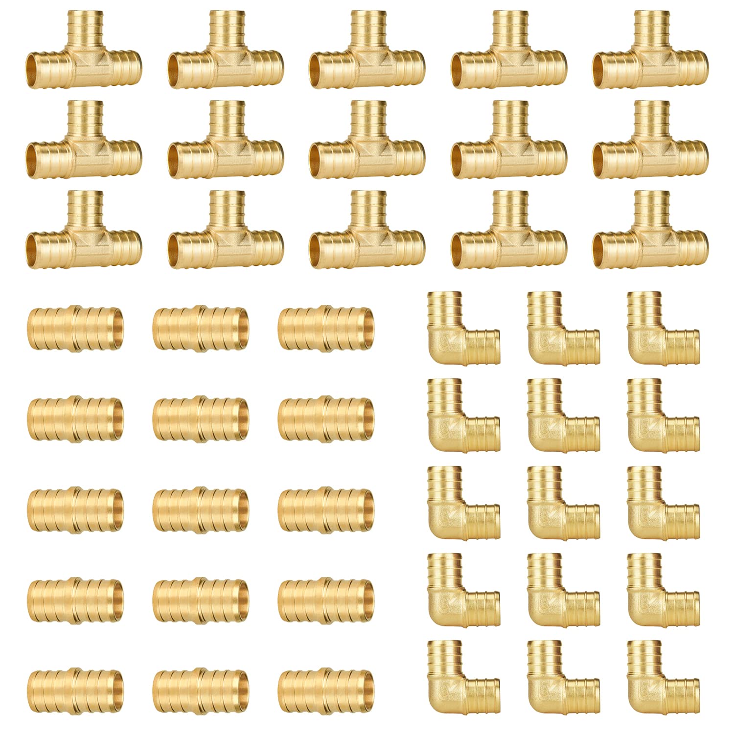 SUNGATOR Paquete de 45 accesorios Pex, acoplamiento en T de 3/4 pulgadas, 15 cada uno, 90, sin plomo, latón para proyectos de fontanería PEX