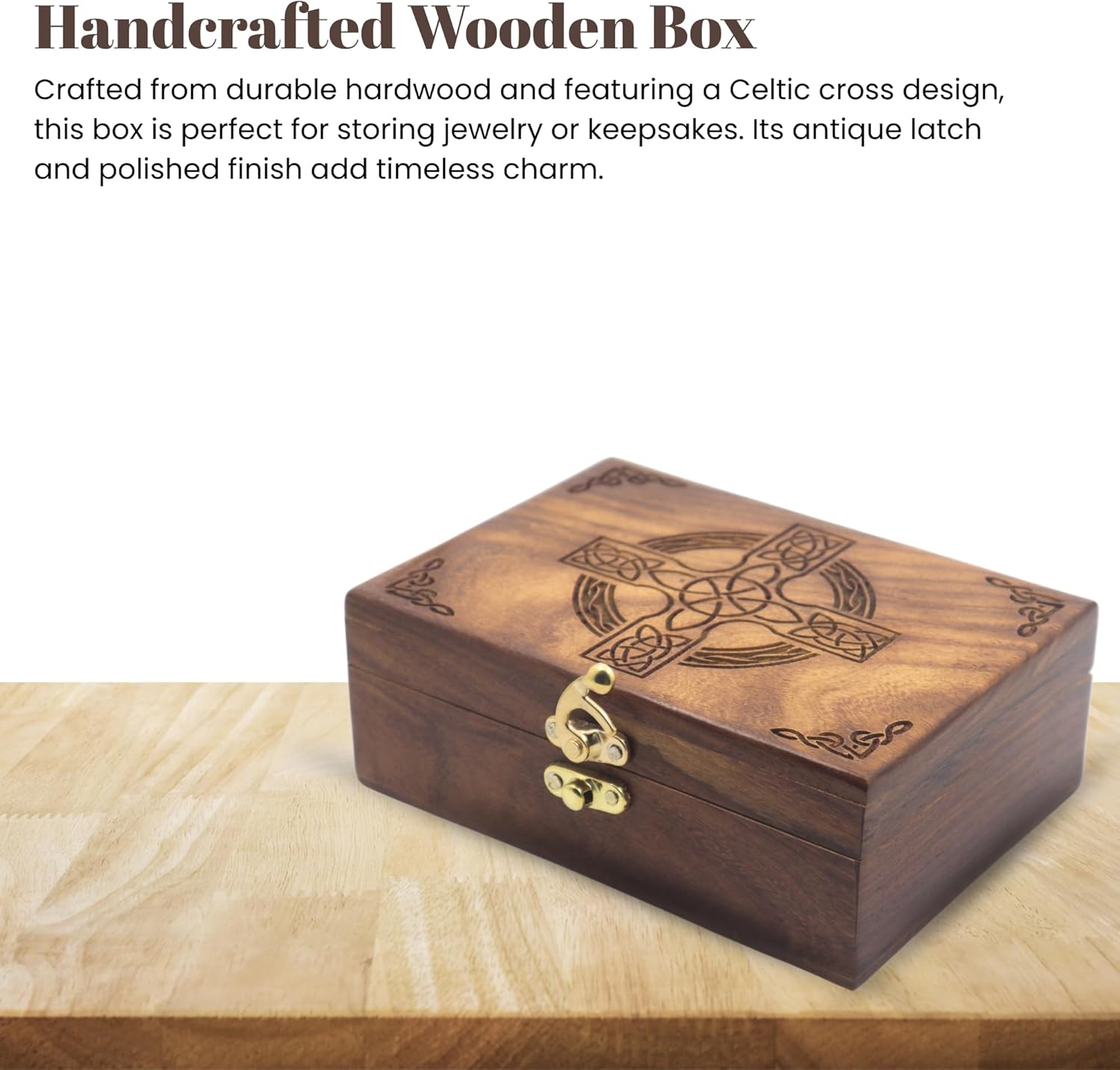 Celtic Cross Wooden Jewelry Box, Rosewood Handmade Engraved Christian Keepsake Storage Chest for Women & Men, Religious Gift Box, Vintage Wooden Treasure Organizer for Jewelry & Decor