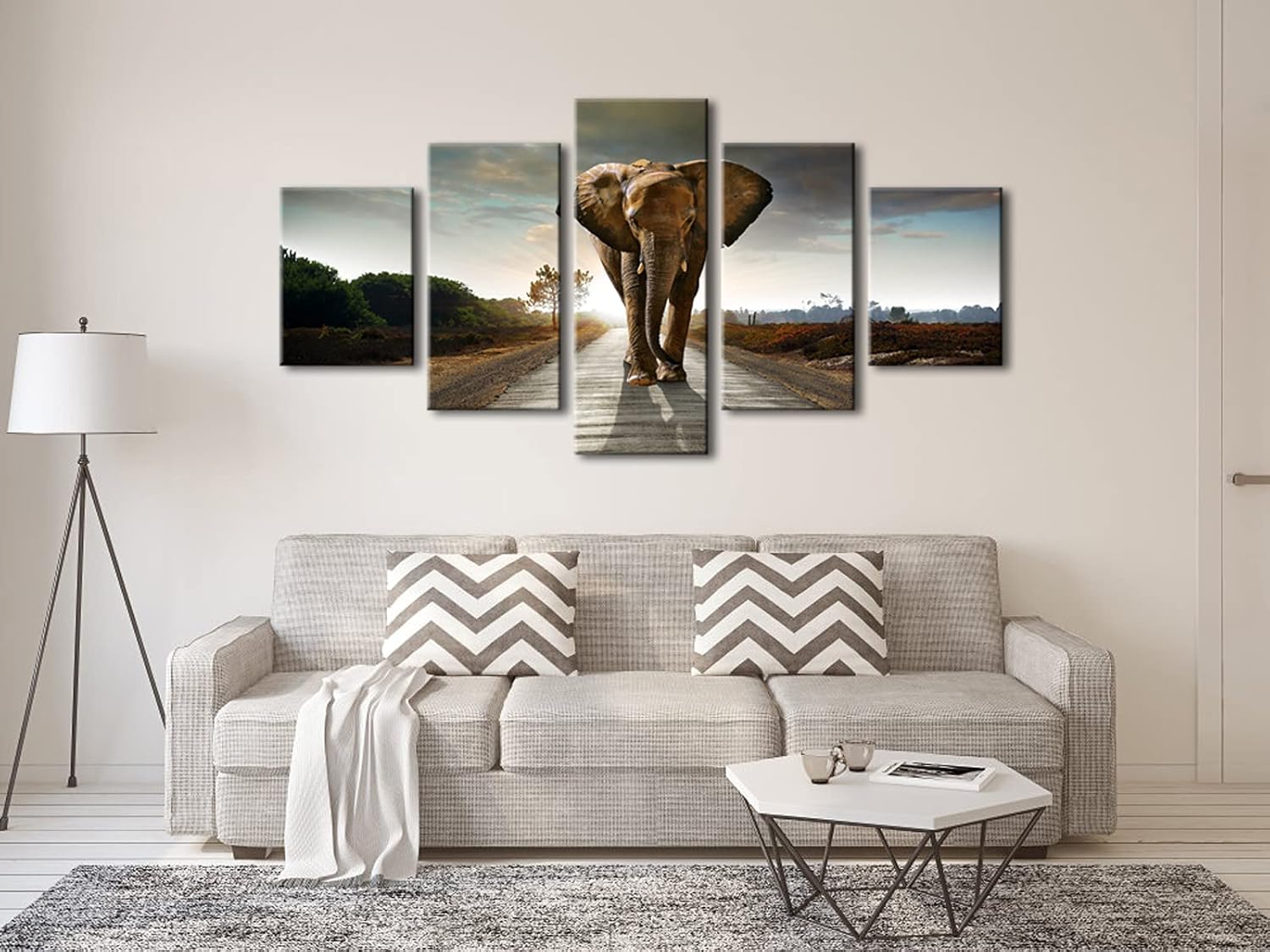 Wieco Art 5 Panels Elephant Pictures Paintings on Canvas Prints Wall Art for Living Room Bedroom Home Decorations Large Size Modern Stretched and Framed Giclee Canvas print Animals
