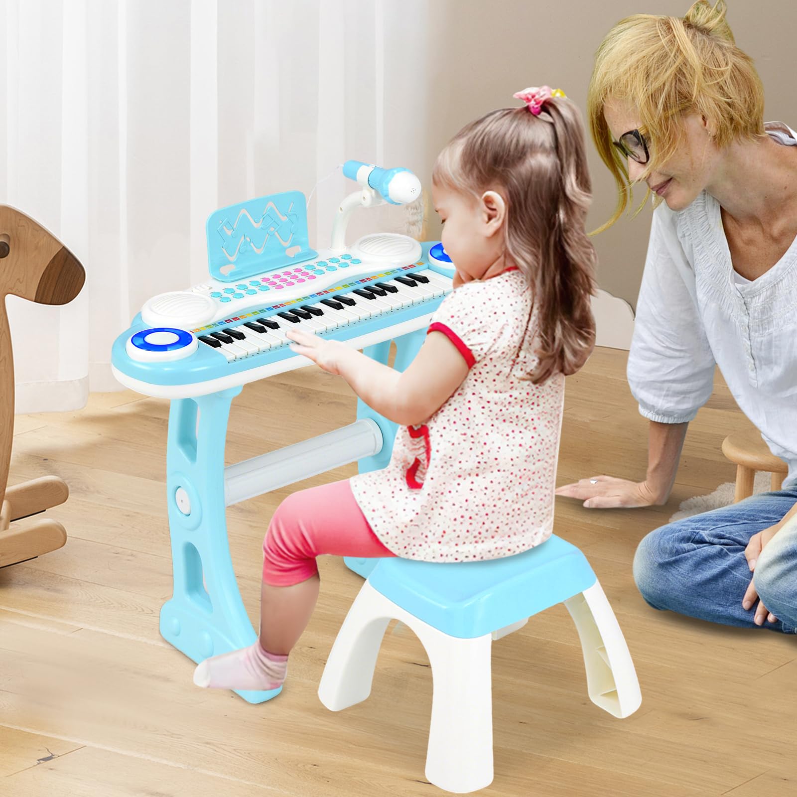 KOMFOTTEU Piano Infantil con 37 Teclas, Teclado de Piano con Efectos de Luz y Micrófono Ajustable, Teclado Electrónico con 8 Ritmos y 8 Sonidos, Taburete, para Niñas 18+ Meses (Azul)