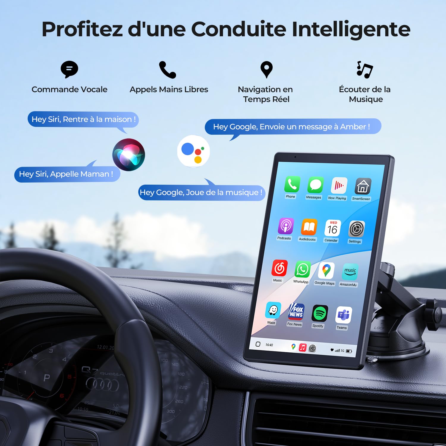 Écran Portable 8'' pour Apple CarPlay & Android Auto, Affichage HD 1440x900, Support Magnétique, Mises à Jour OTA, Modes Portrait et Paysage, Caméra de Recul, Bluetooth, Contrôle Vocal, Navigat