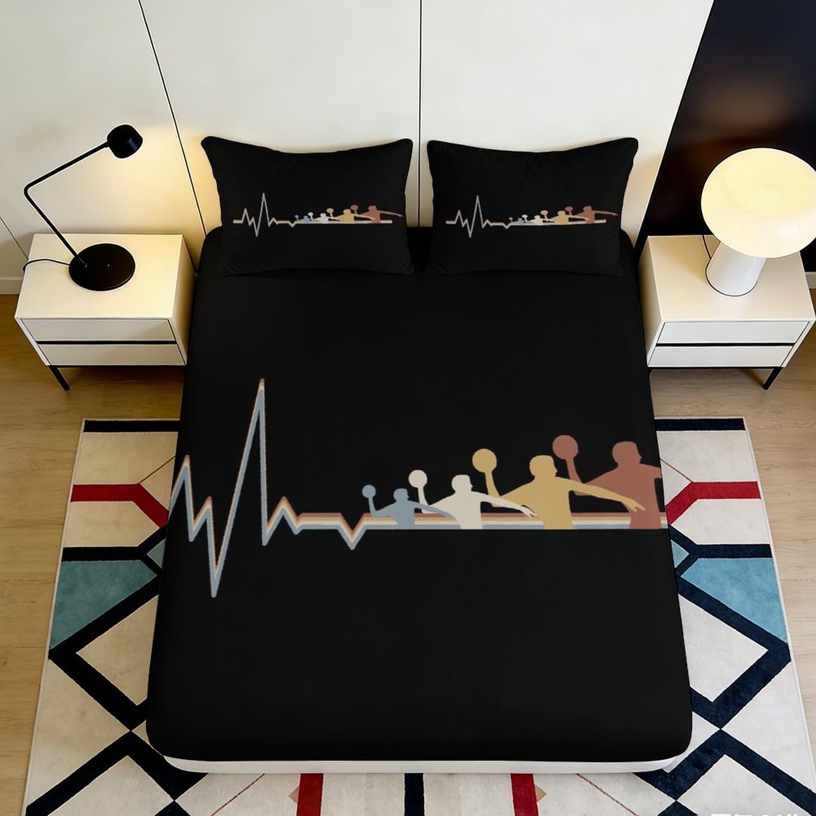 3D Printed Basketball Heartbeat Fitted Sheet Microfiber Durable Soft Black Bed Cover for Bedroom Dormitory Guest Room Mattress Protection 120x200x25cm