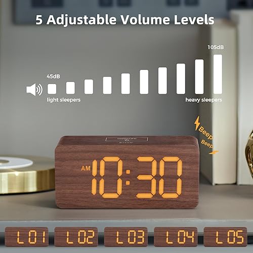Miniatura 6 de uscce Despertador digital de madera para dormitorios reloj despertador doble regulable con números grandes para mesita de noche - Alarma fuerte para
