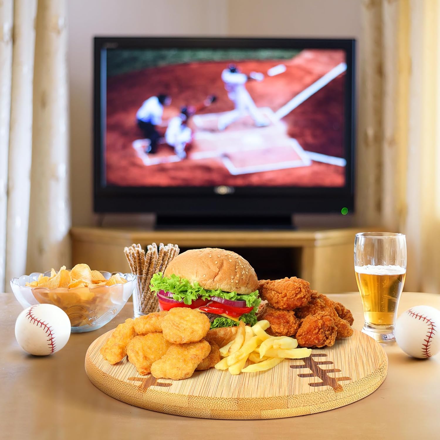 6 Pcs Baseball Gifts Baseball Bamboo Wood Cutting Board 6 Inch Bamboo Wood Serving Tray Platter for Men Sports Lovers Gift Holiday Party Decoration Favor Kitchen Supplies