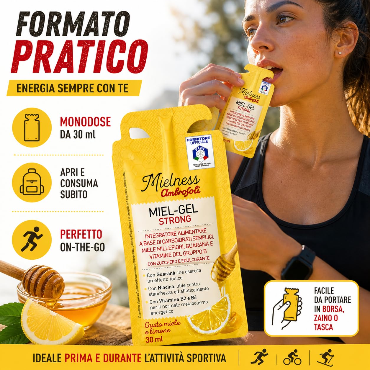 Ambrosoli Miel-Gel Strong, Gel Energetico Miele Limone e Guaranà x30