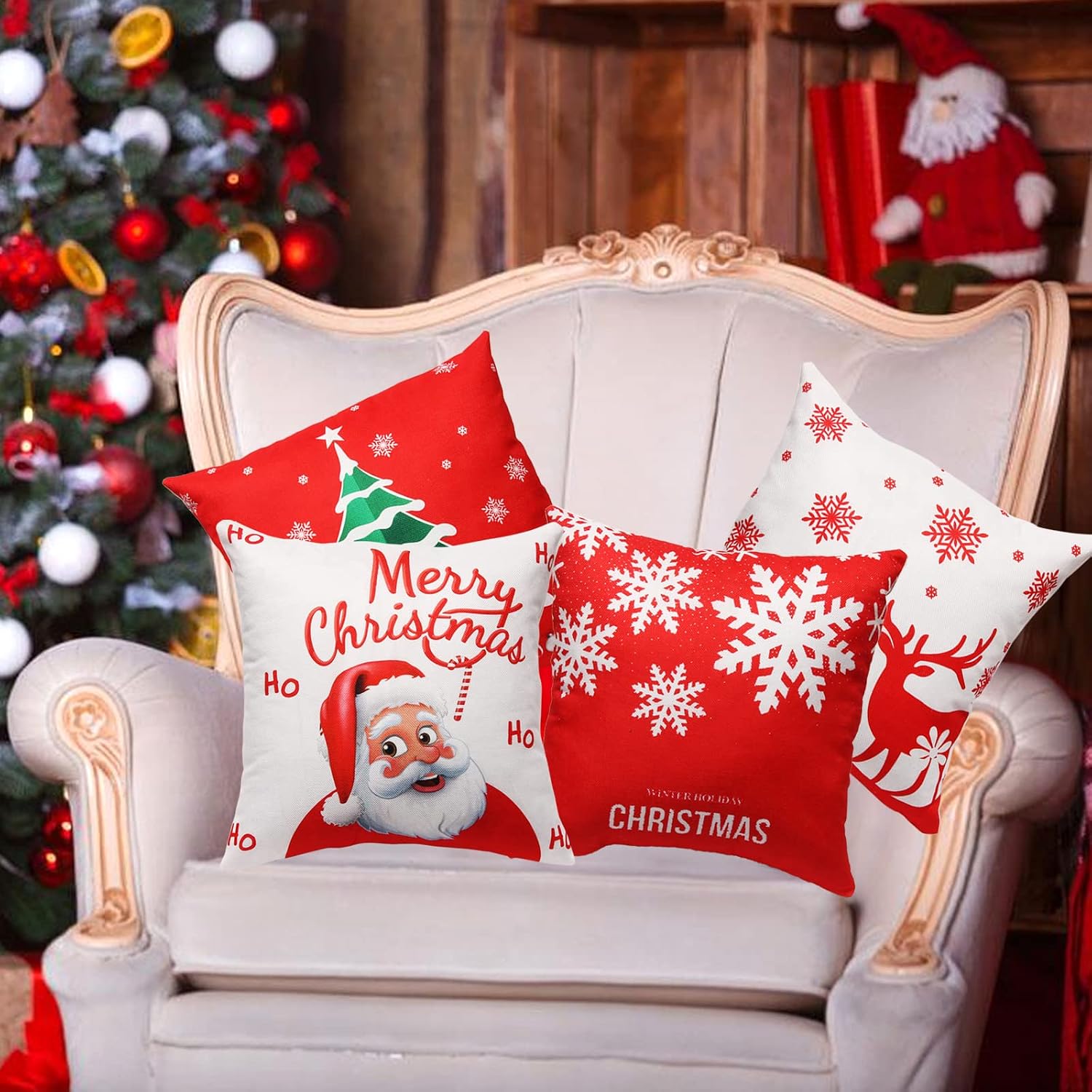 Christmas Pillow Covers, 4 Pack Red Throw Pillow Covers 18x18 Inch Christmas Winter Cushion Decorative Pillow Case for Living Room Sofa Chair Home Office Shop Decor Gift for Family and Friends