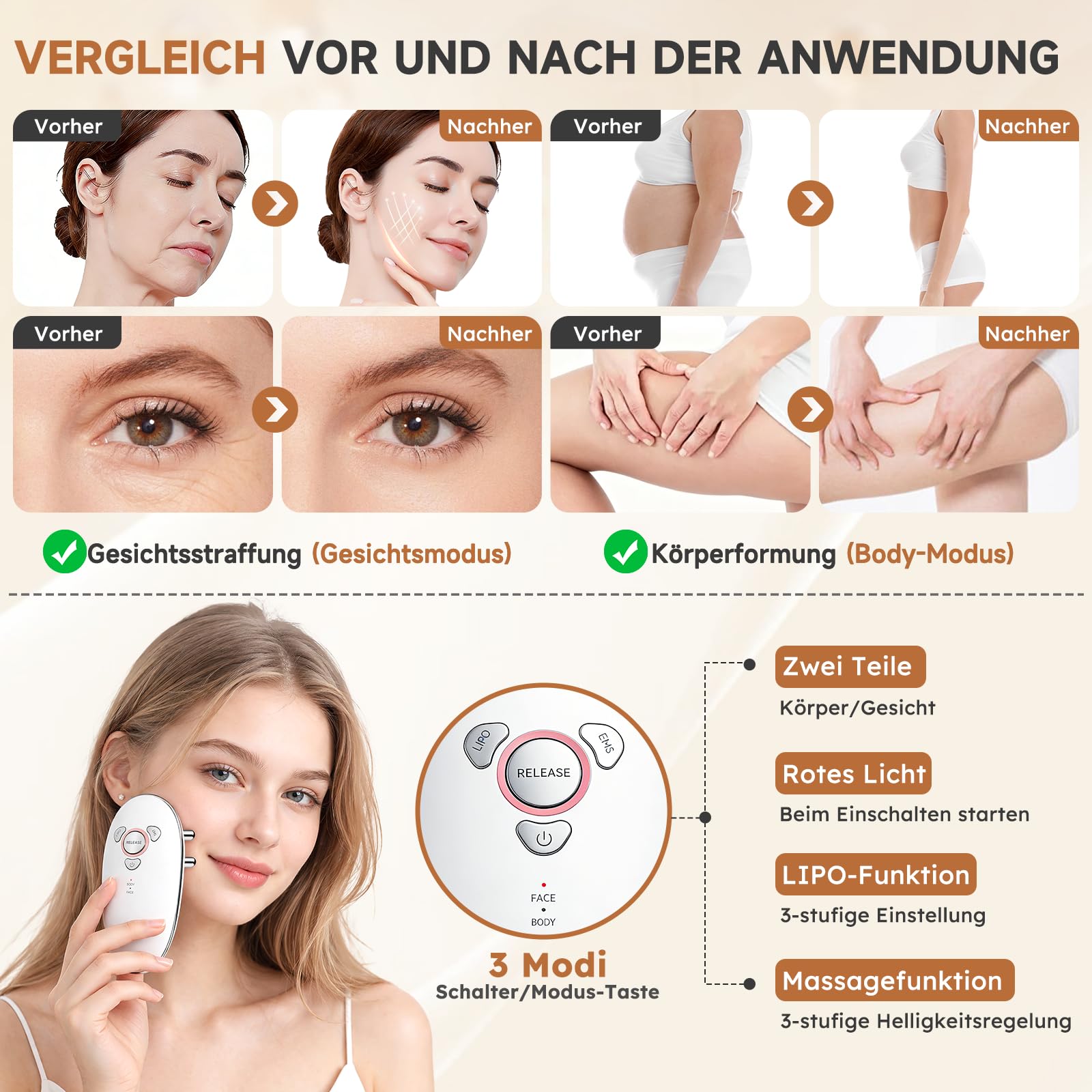 3 in1 Schröpfmassagegerät Elektrisch mit EMS & Rotlicht, Tragbarer Massage Gun für Lymphstimulierende Massage und Körpermodellierung - Für Gesicht, Bauch, Beine, Po zur Straffung und Entspannung