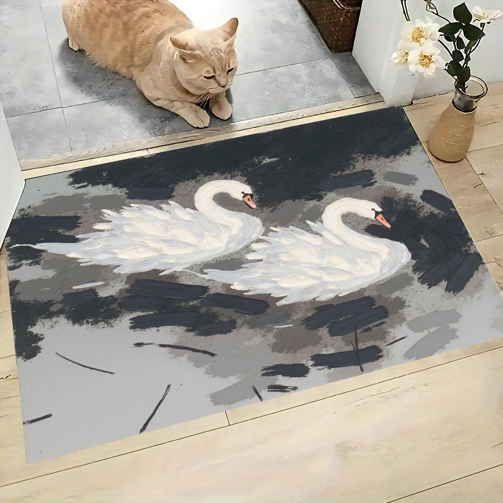 Tapis antidérapant et absorbant motif cygne noir et blanc pour entrée