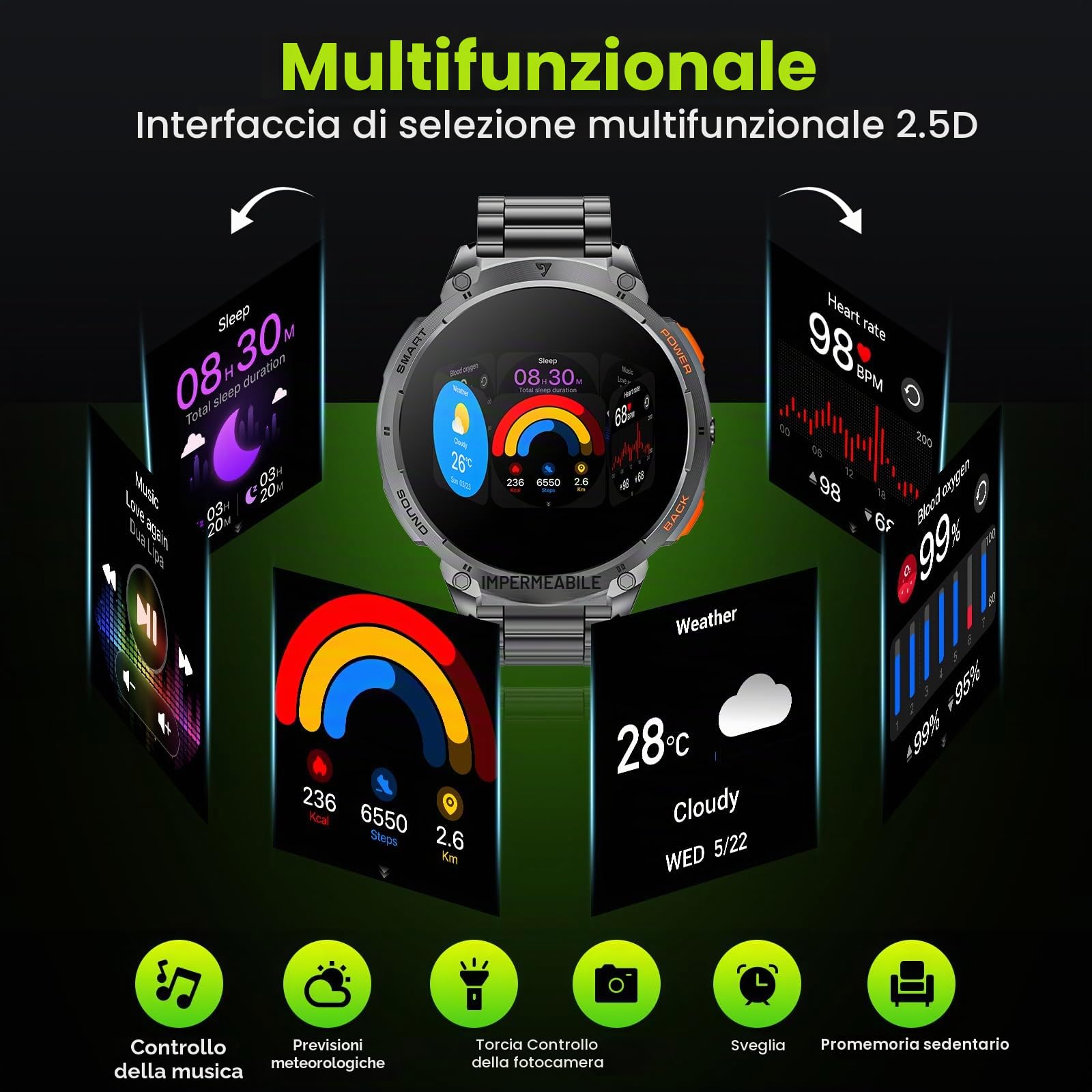 Smartwatch Uomo 1.85" HD Orologio con Effettua/Risposta Chiamate,730mAh IP68 Impermeabile Fitness Tracker con Torcia a LED,24/7 Frequenza Cardiaca SpO2 Monitor del sonno per iOS Android