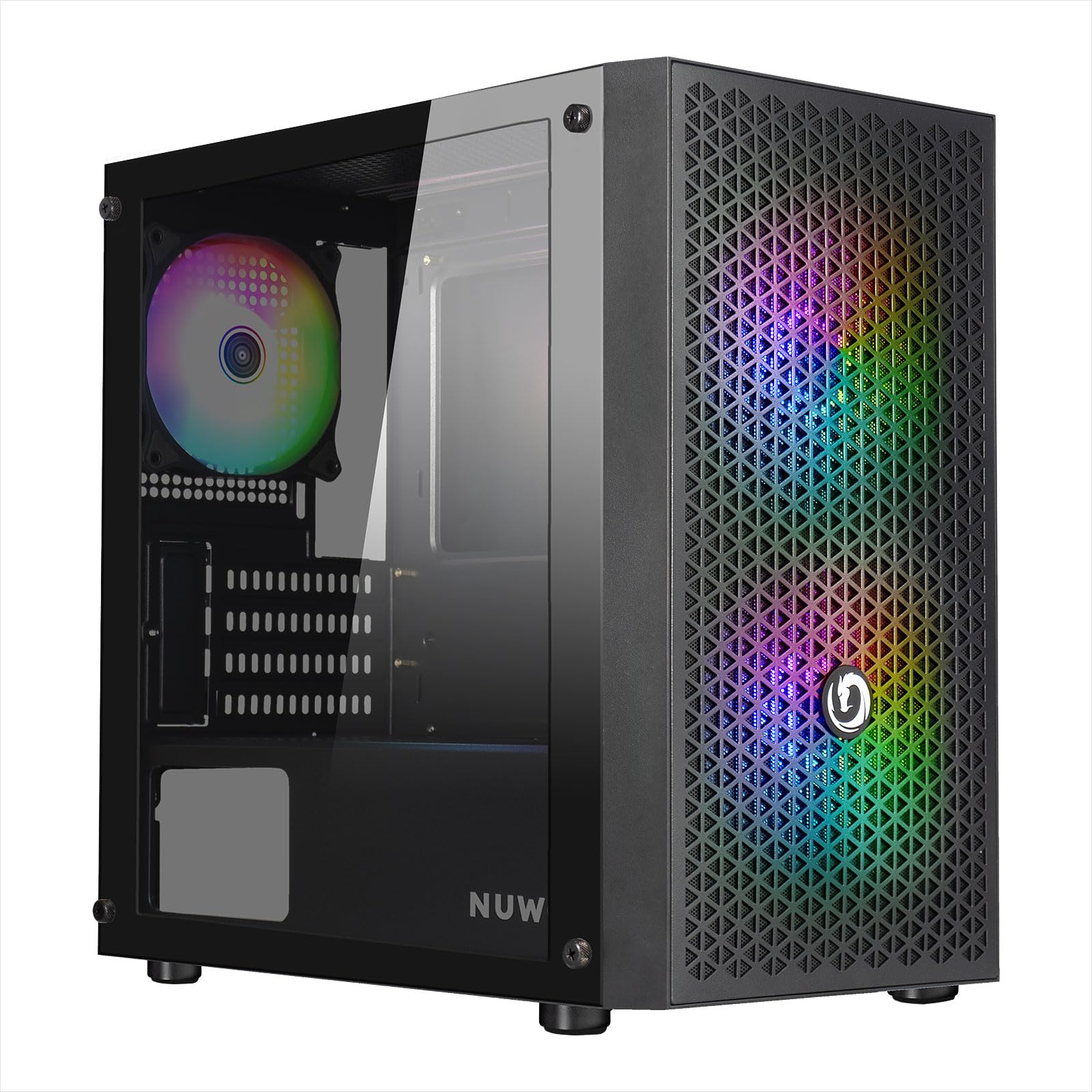 Nuwo Blitz R27 czarna obudowa Micro-ATX do komputera biurkowego do gier biurowych Mini Tower 0,50 mm SPCC, 3 wentylatory FRGB (stałe oświetlenie tęczowe), przednia siatka i panel boczny ze szkła