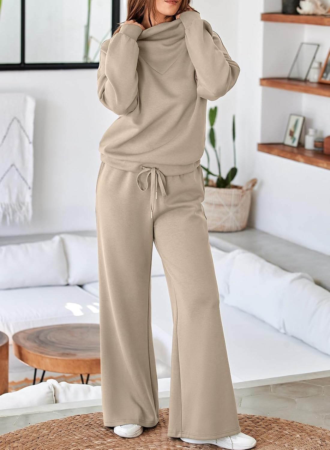 Aleumdr Women's 2 Piece Outfits Lounge Set Mock Neck Long Sleeve Sweatshirt With Wide Leg Pants Sweatsuit Fall 2025 - Image 7