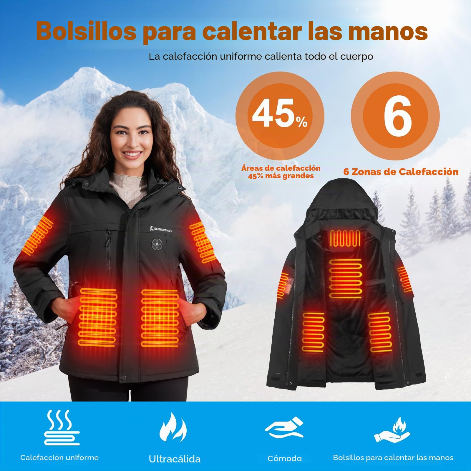 Chaqueta Calefactable de Esquí Mujer con Capucha, Impermeable y Cortaviento, Forro Polar, Batería 20000mAh, 6 Zonas de Calefacción, 3 Niveles de Temperatura para Esquí y Senderismo