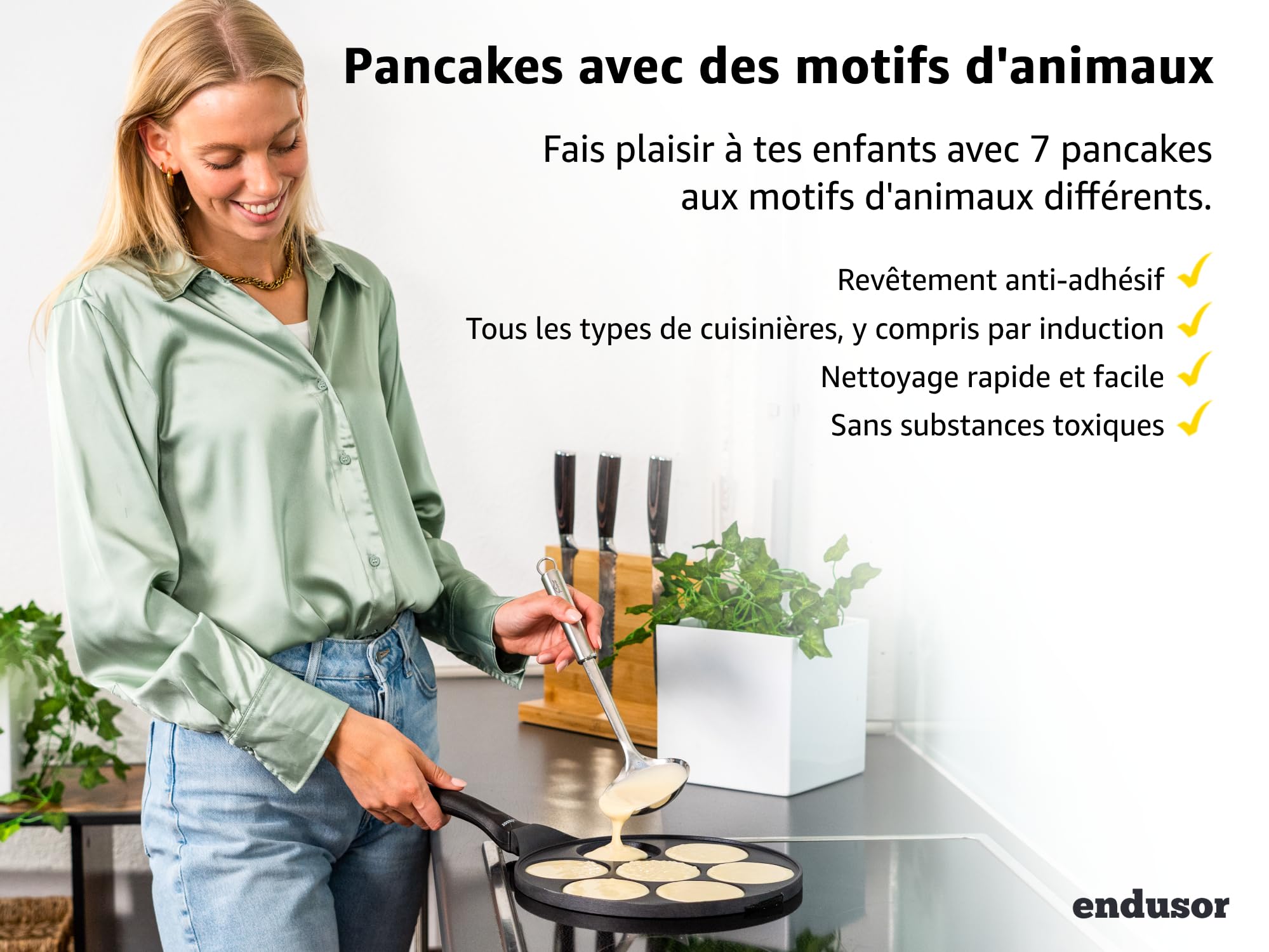 endusor Poele Pancakes animaux pour enfants - Poele pancakes avec un diamètre de 26cm et un revêtement anti-adhésif | Induction Gaz Céramique Électrique Halogène | 7 trous pour Pancake Blinis Crêpe