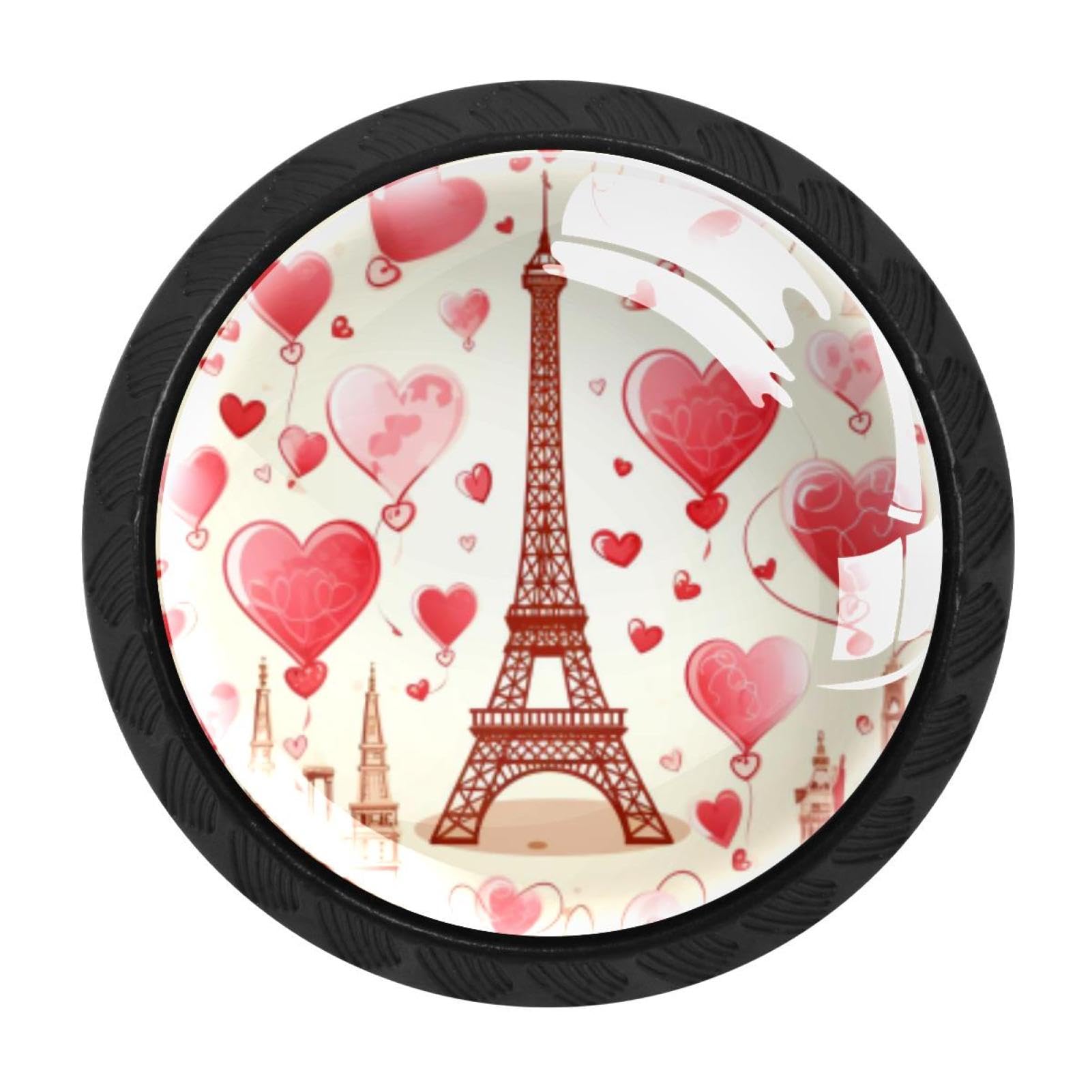 Chenzzzz Multicolored 09 4Pcs Eiffel Tower Valentine's Day Dresser Knob Round Glass Drawer Knobs Pulls Cabinet Handle For Home Kitchen Office Bathroom Wardrobe Cupboard