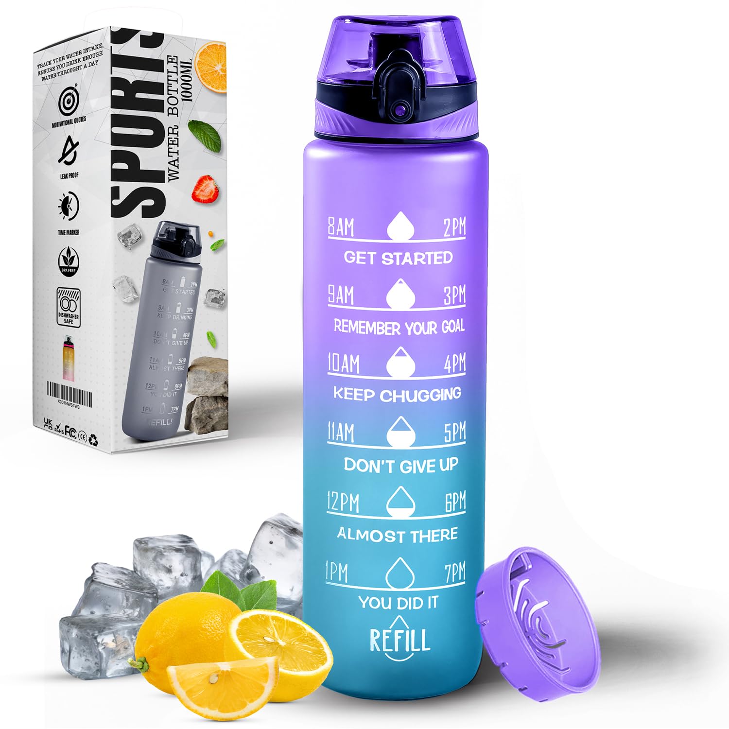 Roe Tenpo Blue-Purple Water Bottle 1L, Sports Water Bottle With Time Markings, Bpa-Free, Leak-Proof Drinks Bottle, Perfect For Running, Cycling, Gym, Yoga, Camping And Outdoor Activities,