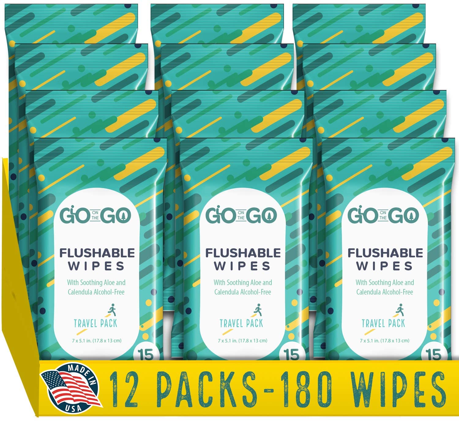 Flushable Wet Wipes for Travel - Travel Flushable Wipes, Biodegradable, Alcohol-Free, with Soothing Aloe & Calendula - Toilet Wipes Flushable - 12 Packs of 15 Count Each (180 Wipes Total)