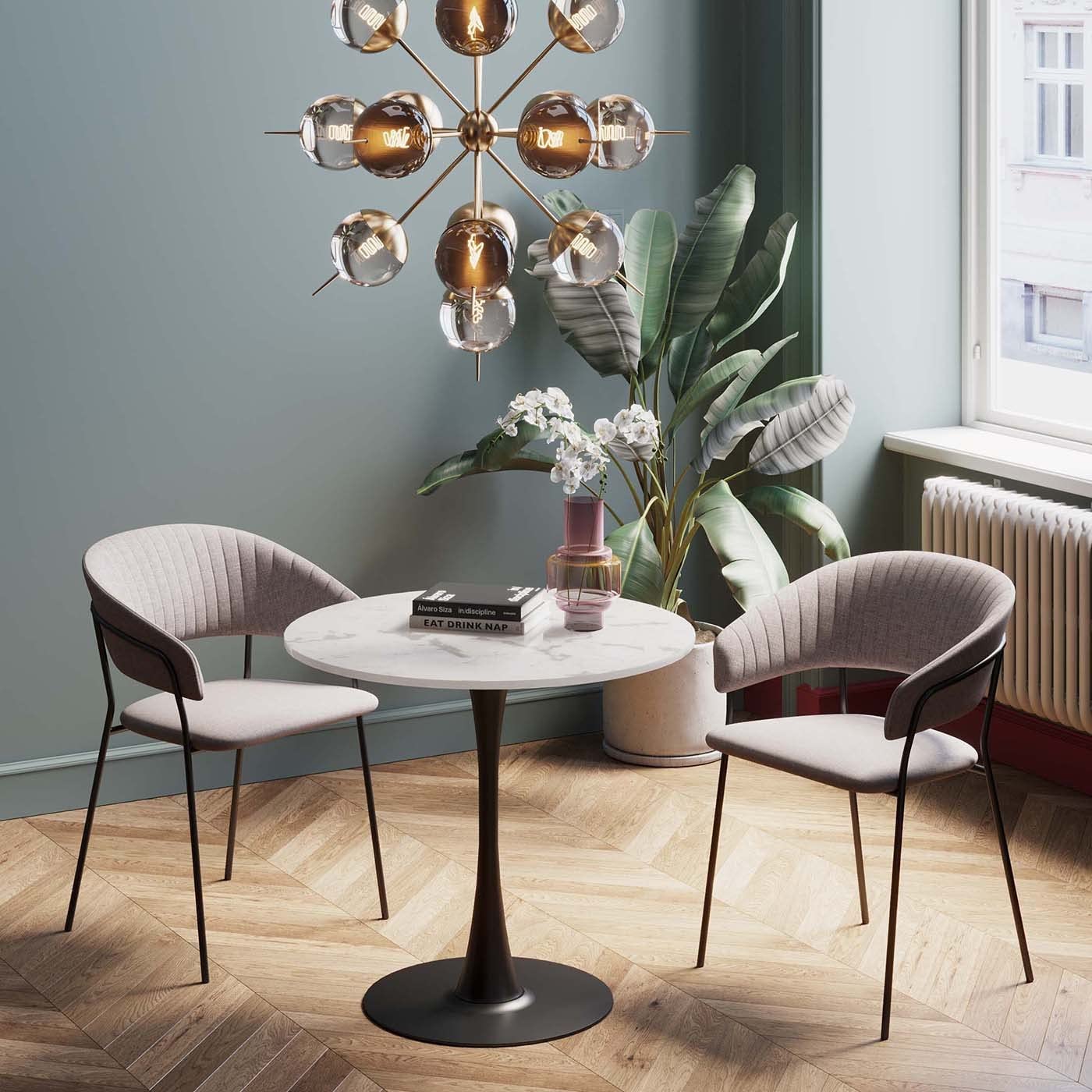 Kare Designerski stół Schickeria marmur, czarny, średnica 80 cm, miejsce dla 4 osób, nowoczesny okrągły stół do jadalni, meble stołowe do salonu, wygląd marmuru, 74 x 80 x 80 cm (wys. x szer. x gł.)