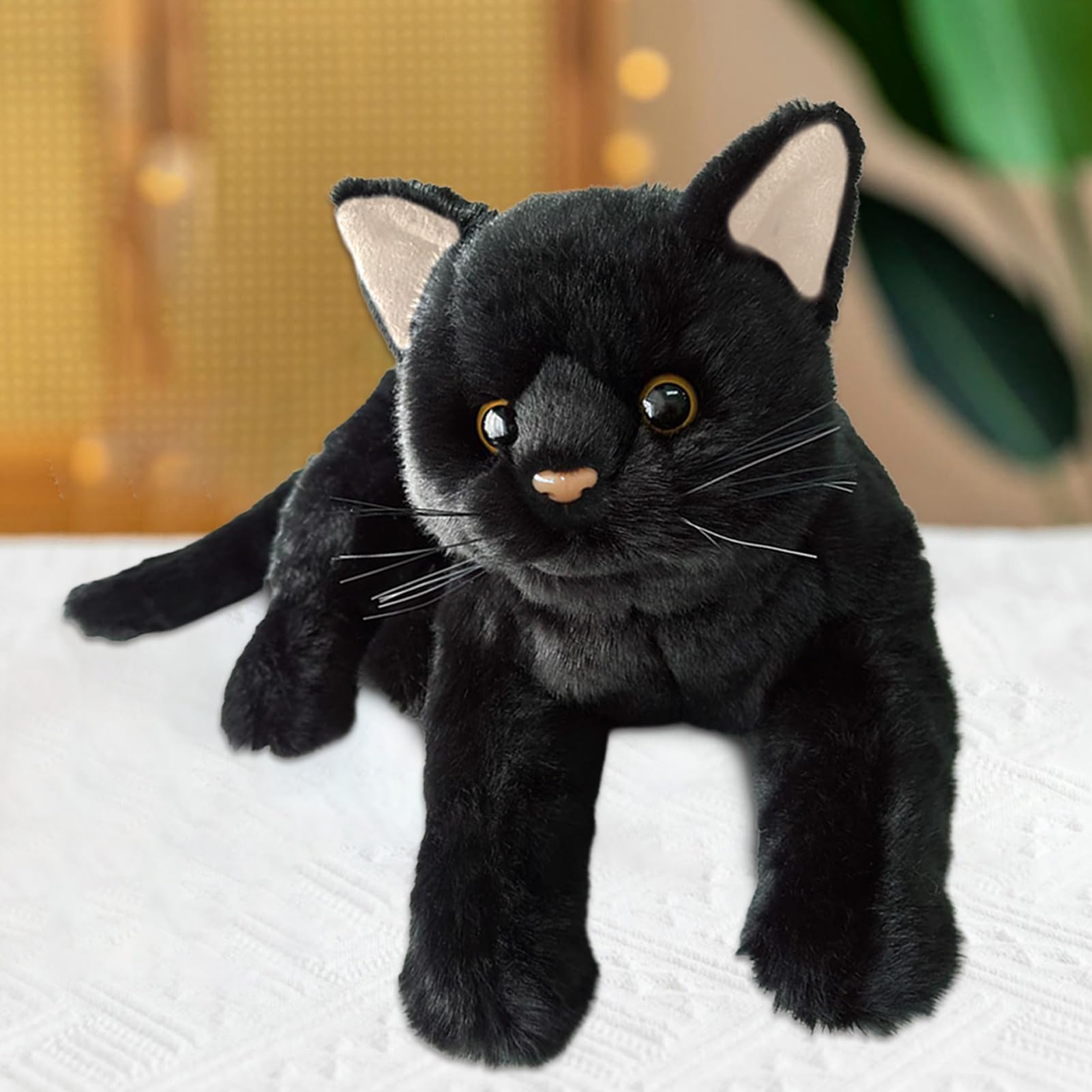 Black Cat Stuffed Animal, Realistic Cat Plush Toy, 12 Inches Cartoon Doll Figure Huggable Soft Animal Pillow For Hugging, Napping, Sleeping, Resting