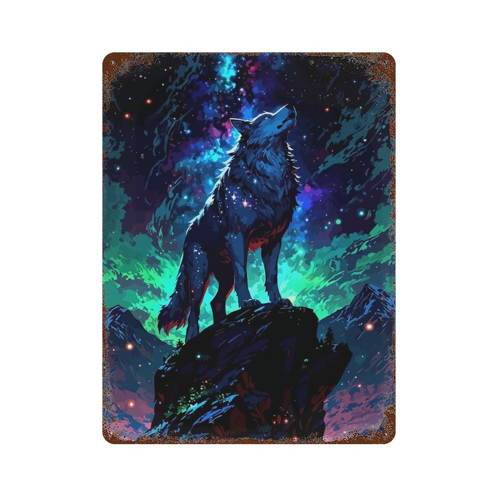 Rust Effect Wolf Howling at Starry Night Sky Rusty Metal Tin Sign 15.7"x11.8", Old School Wall Decor for Basement, Hobby Room And Garage Decor