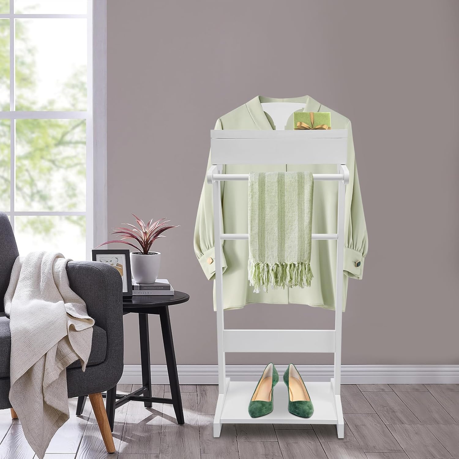 Suit Valet Stand for Men/Women, Wood Valet Stand with Drawer, Contour Hanger, Tray, Trouser Bar, Belt Hooks & Shoe Rack, Vintage Suit Rack for Bedroom Entryway (White)