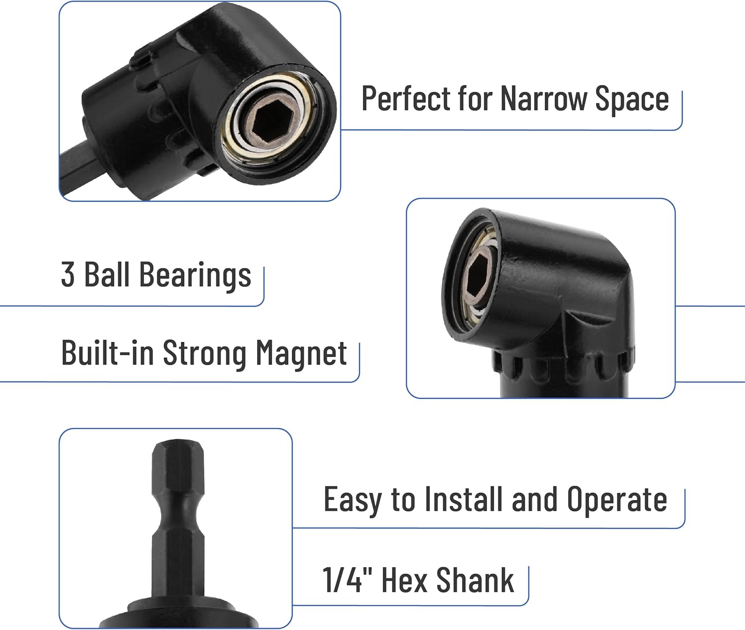 Bates- Flexible Drill Bit Extension Set with Right Angle Drill Attachment, 4 pcs, 360° Rotatable 1/2" 1/4" 3/8" Impact Socket Adapter Set, 105 Degree Right Angle Drill Adapter