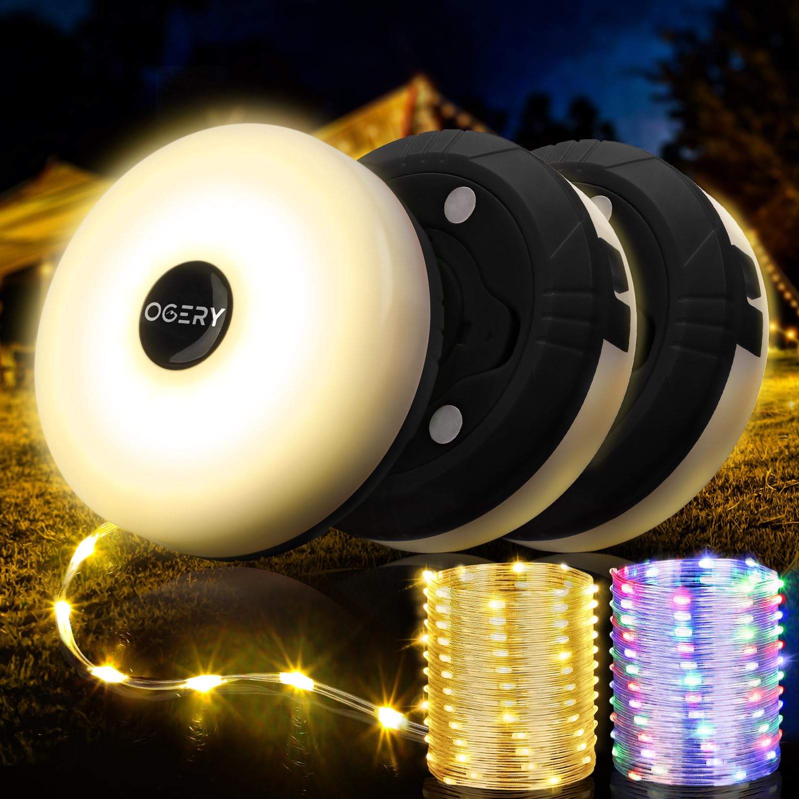 OGERY 3-Pack Camping String Lights, 4 in 1 Quick Storage 32.8FT Rechargeable Tent Lights String with 8 Lighting Modes, Hanging Waterproof Portable LED Lamp for Outdoor Patio Awning Party Essentials