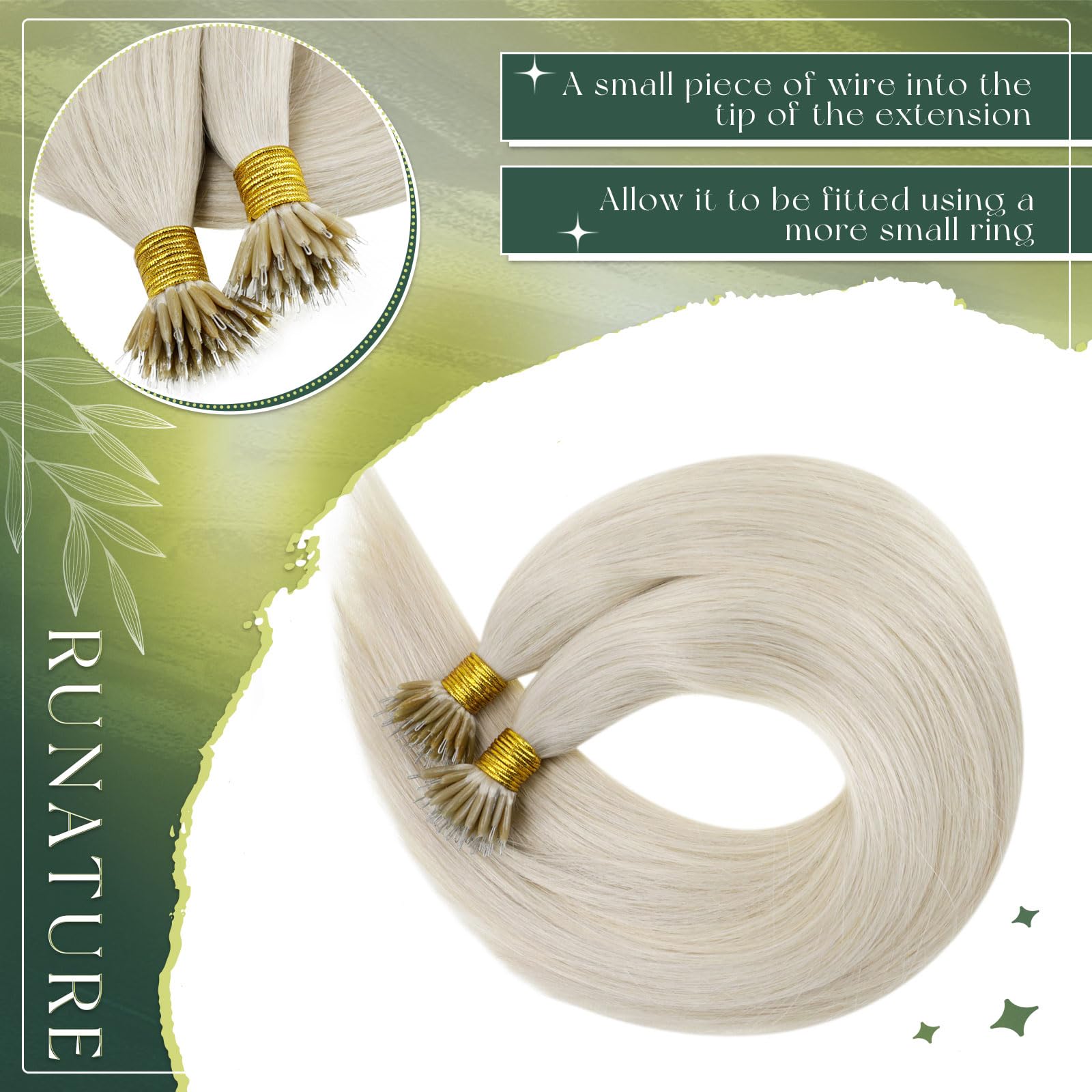 RUNATURE 18 Inch Nano Beads Hair Extensions Real Human Hair Ice Blonde Nano Hair Extensions Real Human Hair White Blonde Invisible Nano Rings Straight Remy Hair 50g 50s #800 — view 3