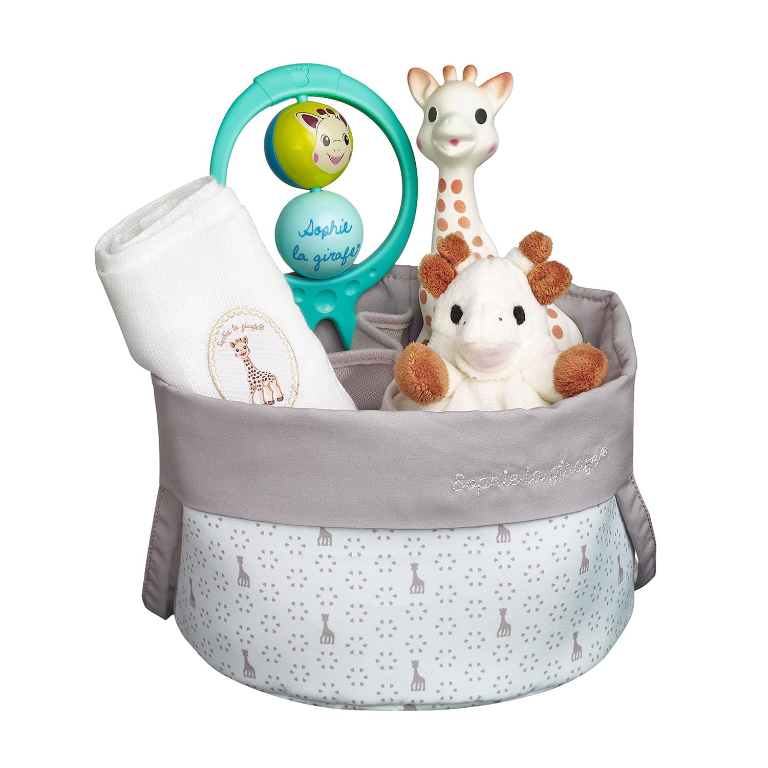 Sophie la Girafe - Corbeille de Naissance - Jouet d'Eveil - Les essentiels de bébé - 1 Doudou, 1 lange, 1 jouet à mâcher et 1 hochet dans un superbe panier