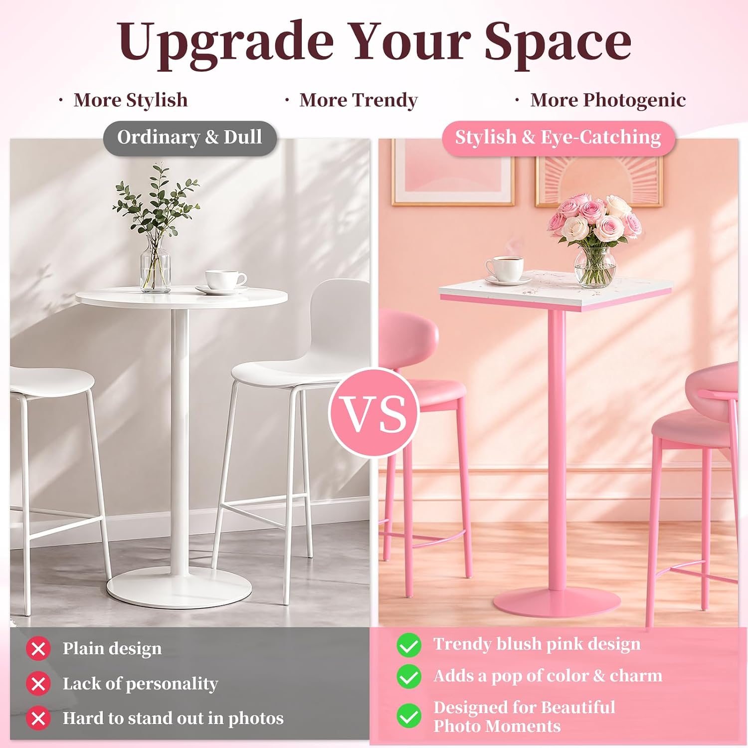 Pink Marble Bar Table, 22" Square Blush Pink Bistro Table with White Marble Top, Aesthetic Pub Table for Kitchen, Home Bar, Party & Small Spaces, 41" Bar Height