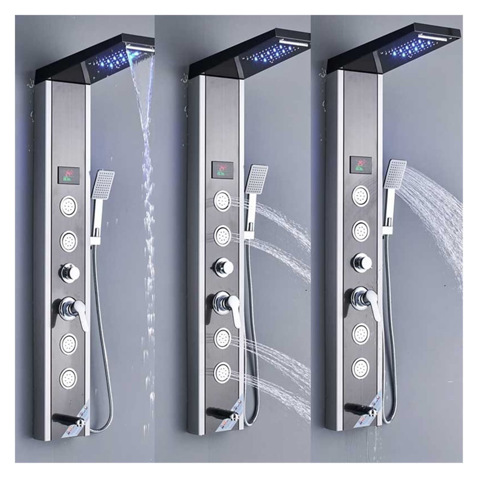 Nichel Nero LED Rain Waterfall Shower Rubinetto Set Pannello Doccia Colonna Ugello Multifunzionale Massaggio Spa Jet Temperature Screen(Black Nickel 9004)