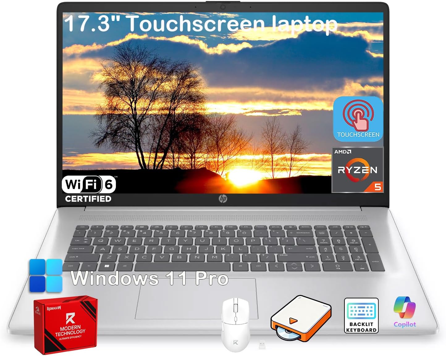 HP 17.3" Touchscreen Laptop for Business, AMD Ryzen 5 7430U (Up to 4.3GHz), Backlit Keyboard, 20GB DDR4 RAM, 512GB SSD, Windows 11 Pro, Wi-Fi 6, HD+ Anti-Glare Display, Fast Charge, AI Copilot, Silver