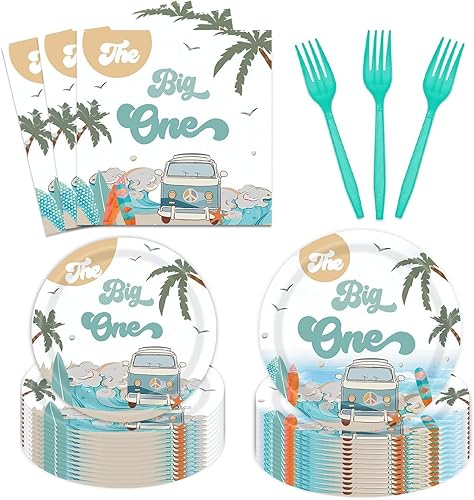 Juego de vajilla de 96 piezas Summer Beach The Big One para niños, decoración de primer cumpleaños, hawaiano, primera palmera, cena, postre, platos