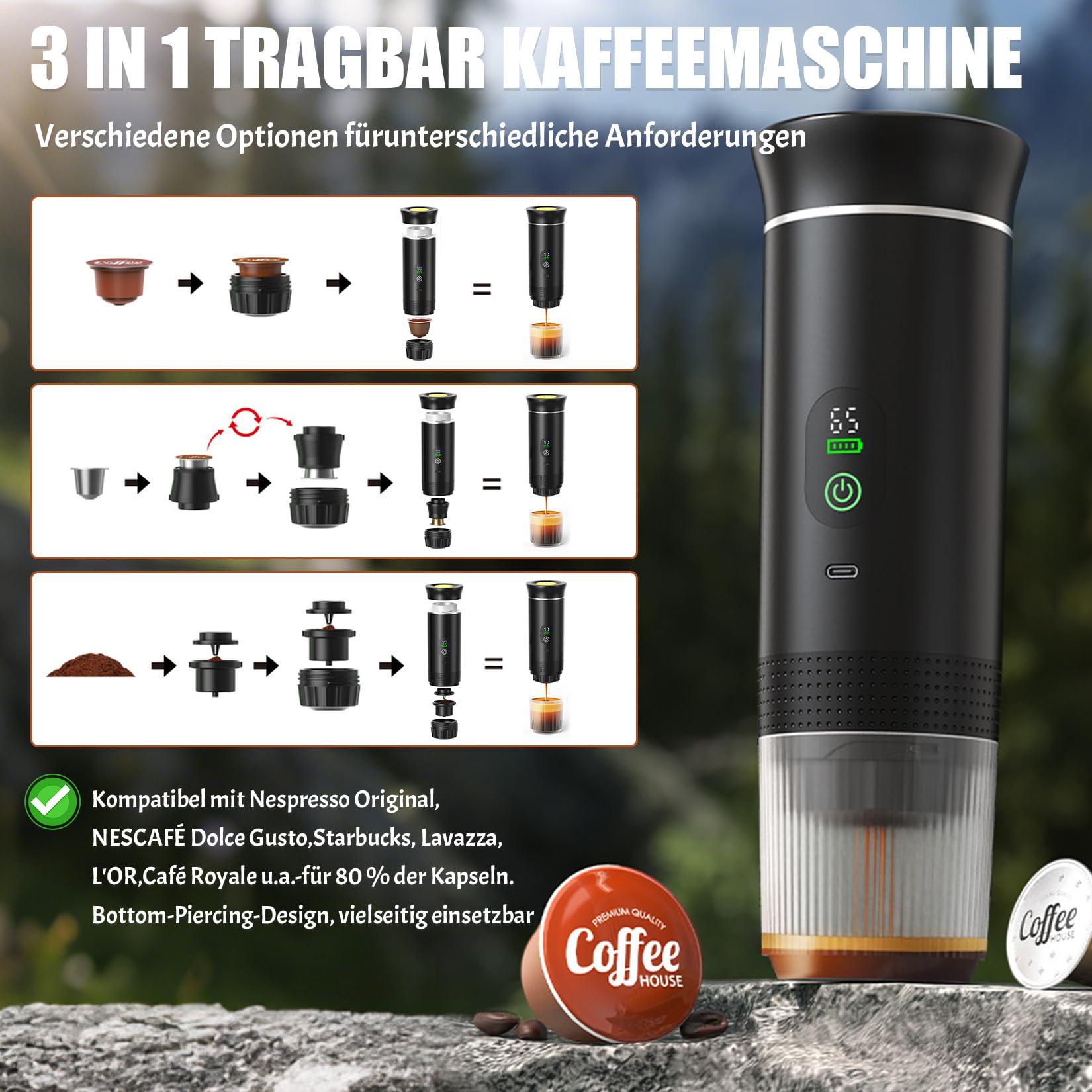 Cafetera espresso portátil 3 en 1, mini cafetera de viaje | Con Type-C, cafetera de viaje compatible con cápsulas y café molido, cafetera To Go para coche, oficina, camping