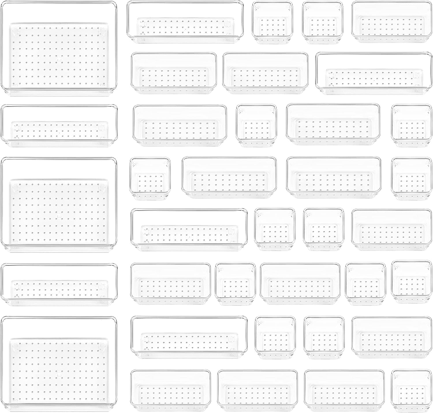 [37 unidades] Sistema de organización de cajones con 4 tamaños, organizador de maquillaje, organizador de cajones, plástico transparente, organizador de tocador, utilizable para maquillaje, cocina,