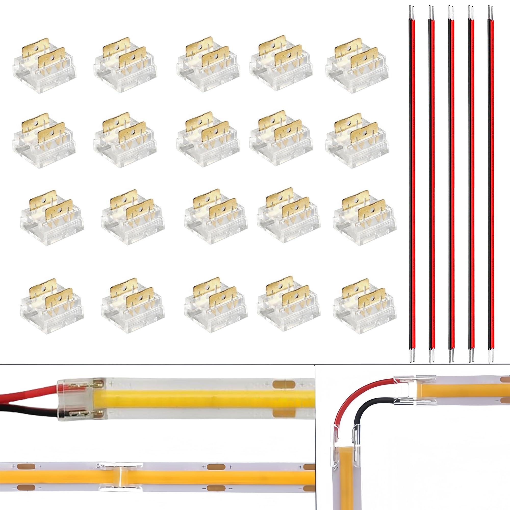 Clearhill 8mm 2Pin 20 Packs Press-in Assembly COB Led Strip Connectors,Ultra Slim,Strip to Strip OR Strip to Wire Connectors for Single Color 5V/12V/24V Light Strips,Transparent Terminal - Image 2