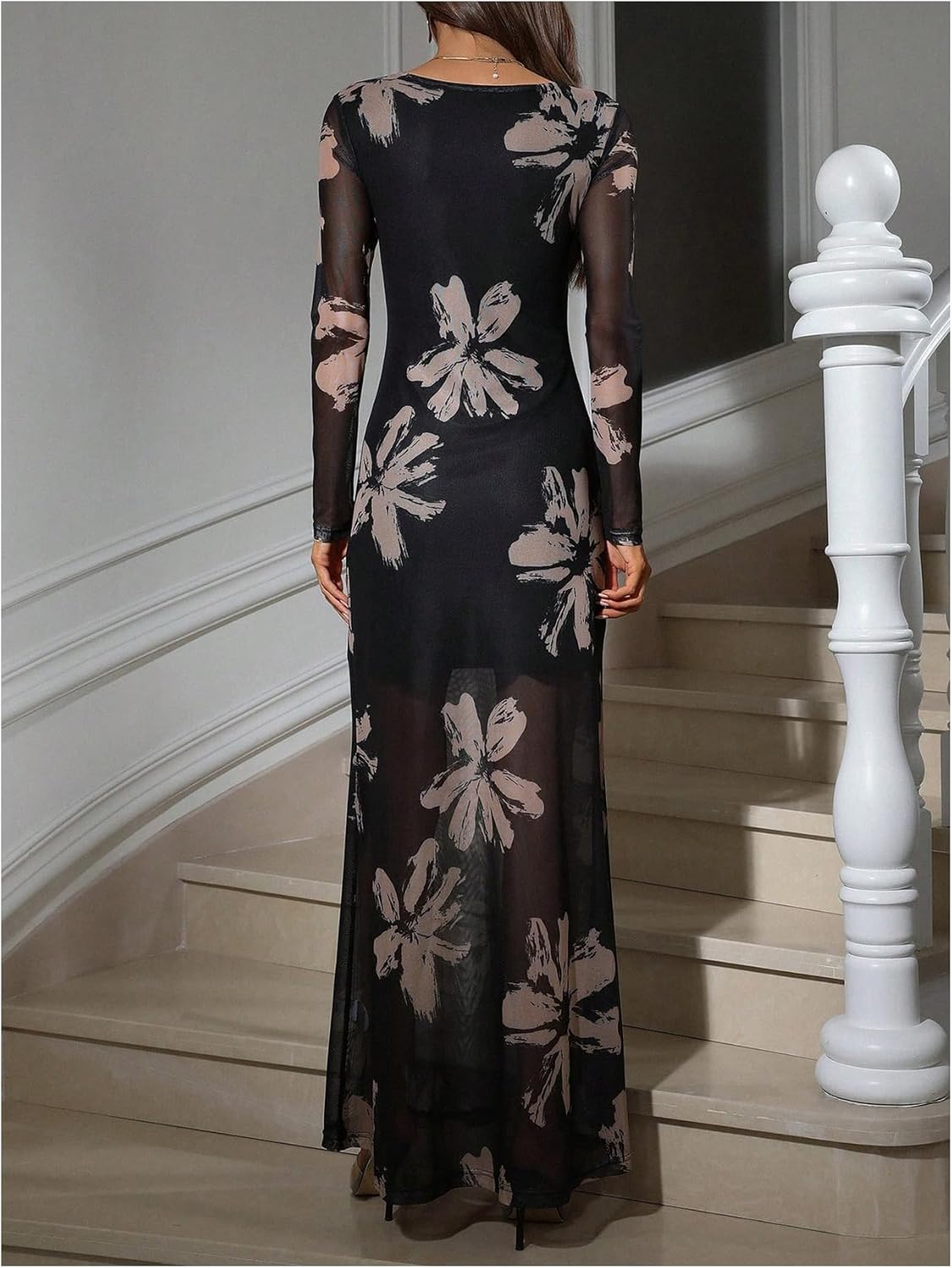 Women's Floral Maxi Dress Elegant Sheer Mesh Long Sleeve Wedding Guest Dresses Party Club Dresses Cocktail - Image 3