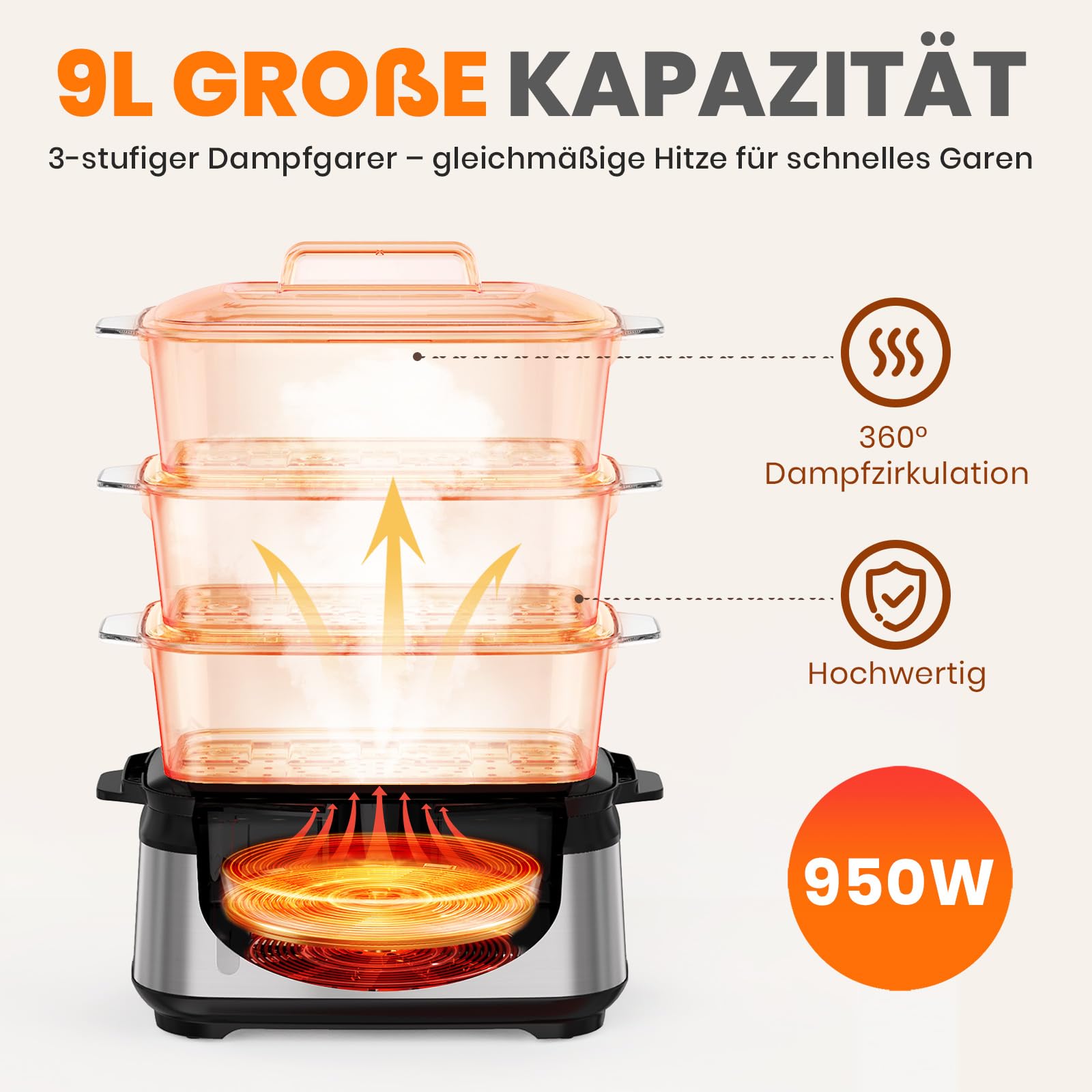 Dampfgarer Elektrisch 950W 3 Schichten 9L Edelstahl 60 Min Timer Antihaft Spülmaschinengeeignet