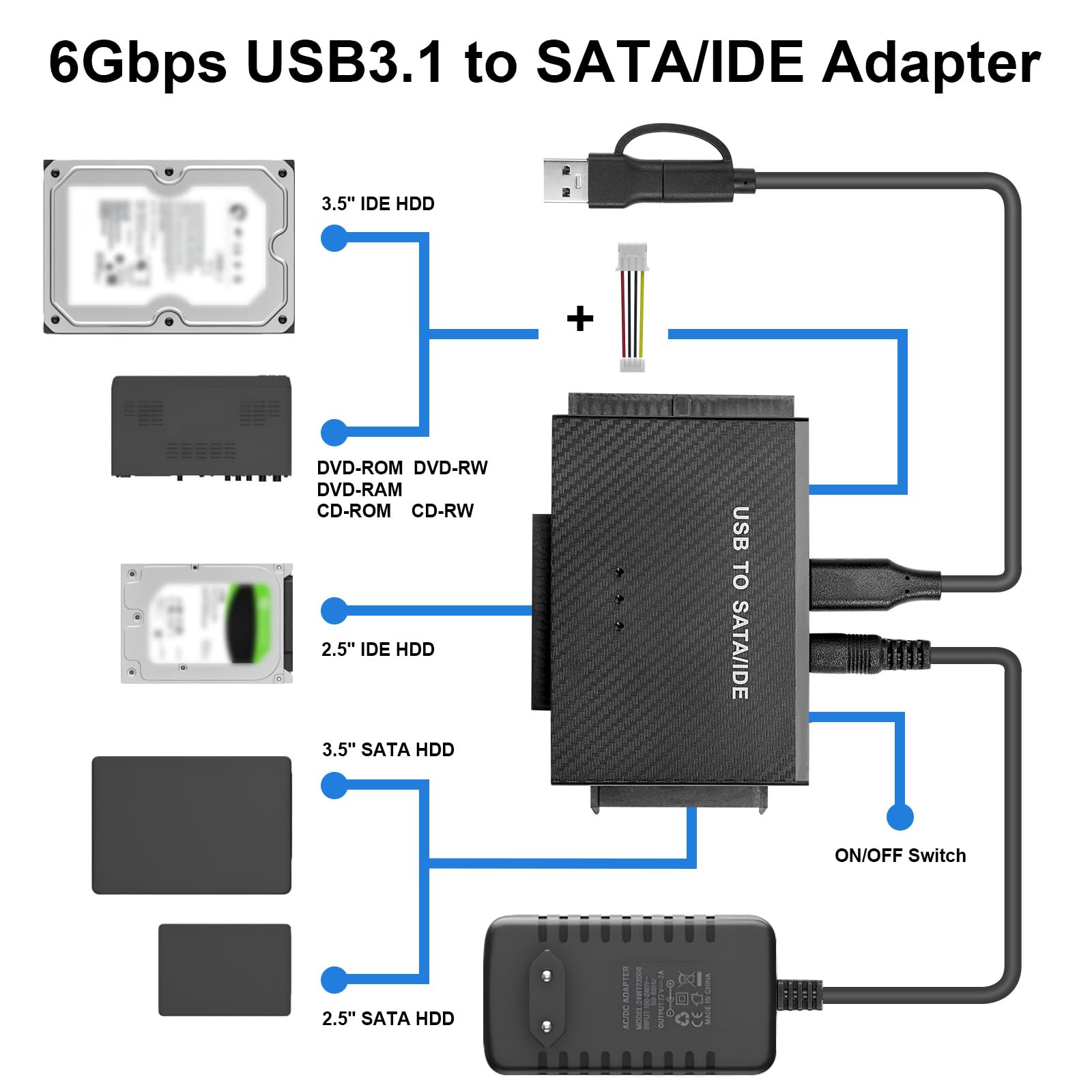 6Gbps USB3.1 a SATA IDE Adattatore per Disco Rigido Convertitore SATA&IDE, Adattatore USB3.1 IDEeSATA per Unità HDD o SSD da 2,5 e 3,5 Pollici, CD-ROM, CD-RW, DVD-RW