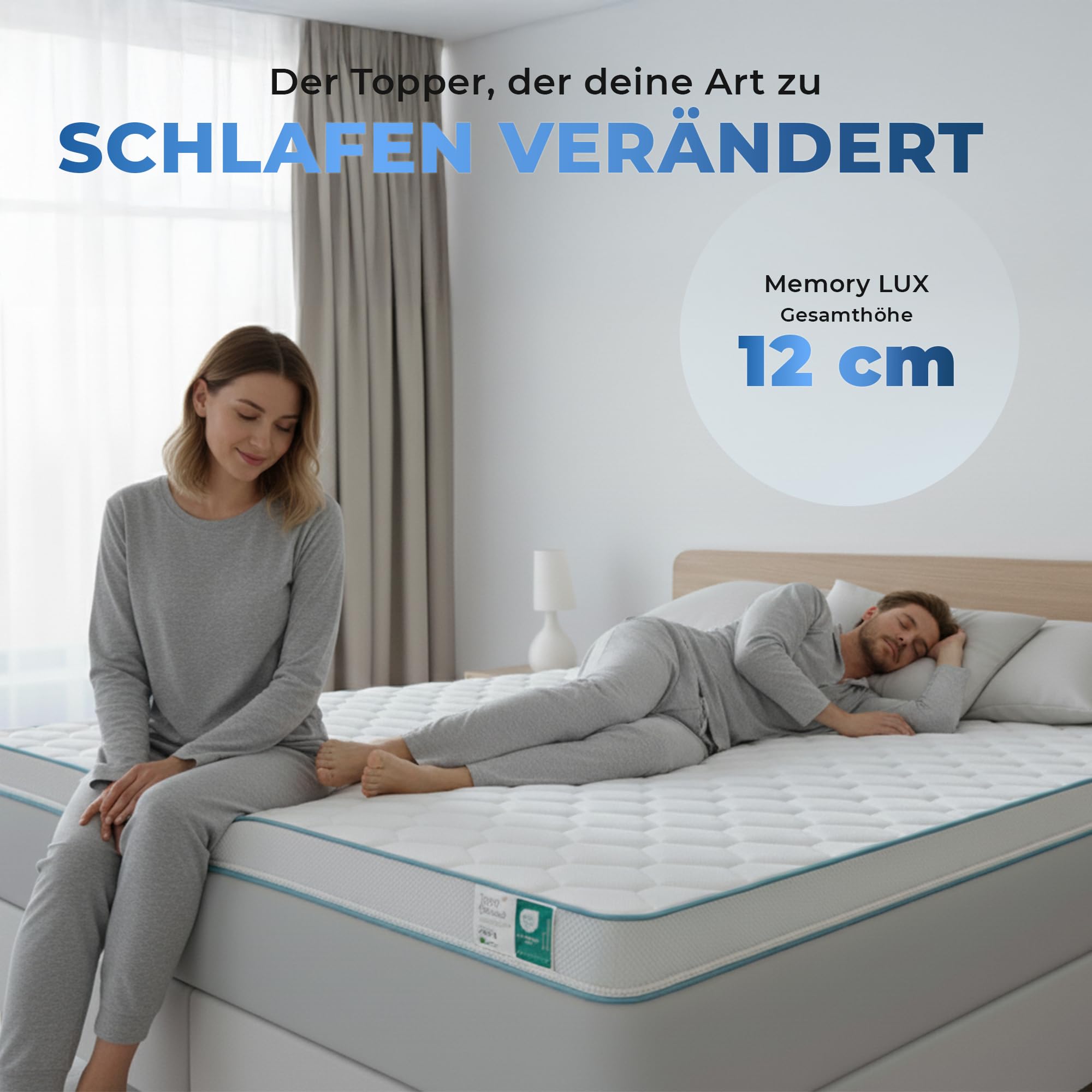Tesla Dreams MemoLUX Premium Topper 100x200 cm – 12 cm Visco-Memory Foam + Comfort Foam – Pressure Relief & Ergonomic – Breathable – OEKO-TEX Certified – Removable & Washable Cover
